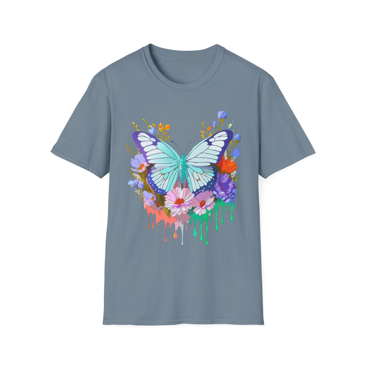 Butterfly Floral Drip T-Shirt — Teal Butterfly with Watercolor Flowers Graphic Tee Unisex 100 Cotton Gildan T-Shirt