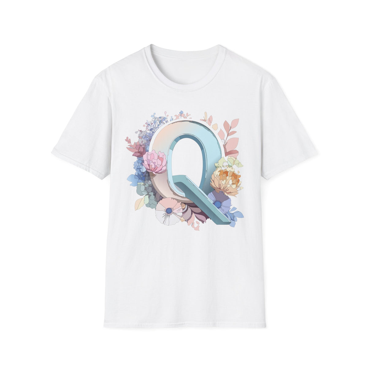 Floral Letter Q T-Shirt | Monogram Initial Tee, Pastel Botanical Alphabet