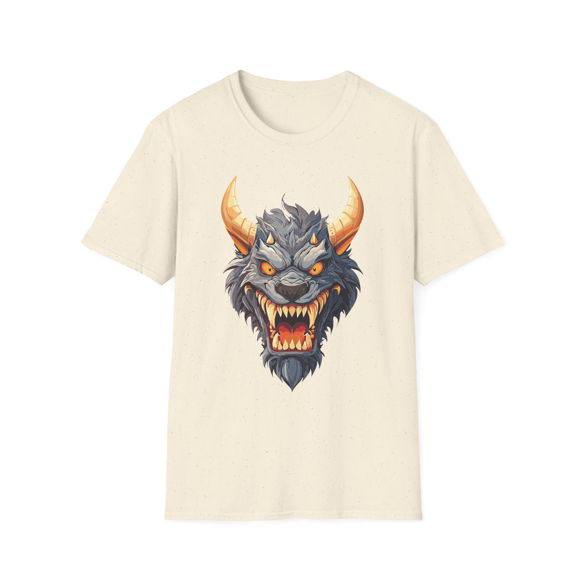 Demonic Beast Head T-Shirt — Horned Monster Cartoon Graphic Tee Unisex 100 Cotton Gildan T-Shirt