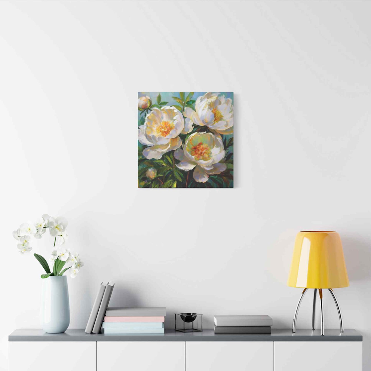 White Peonies Print Canvas, Floral Oil Paint Print 20x20, 24x24, 30x30, 32x32, 36x36 Art Design Pine-Wood Inner Frame MC-117