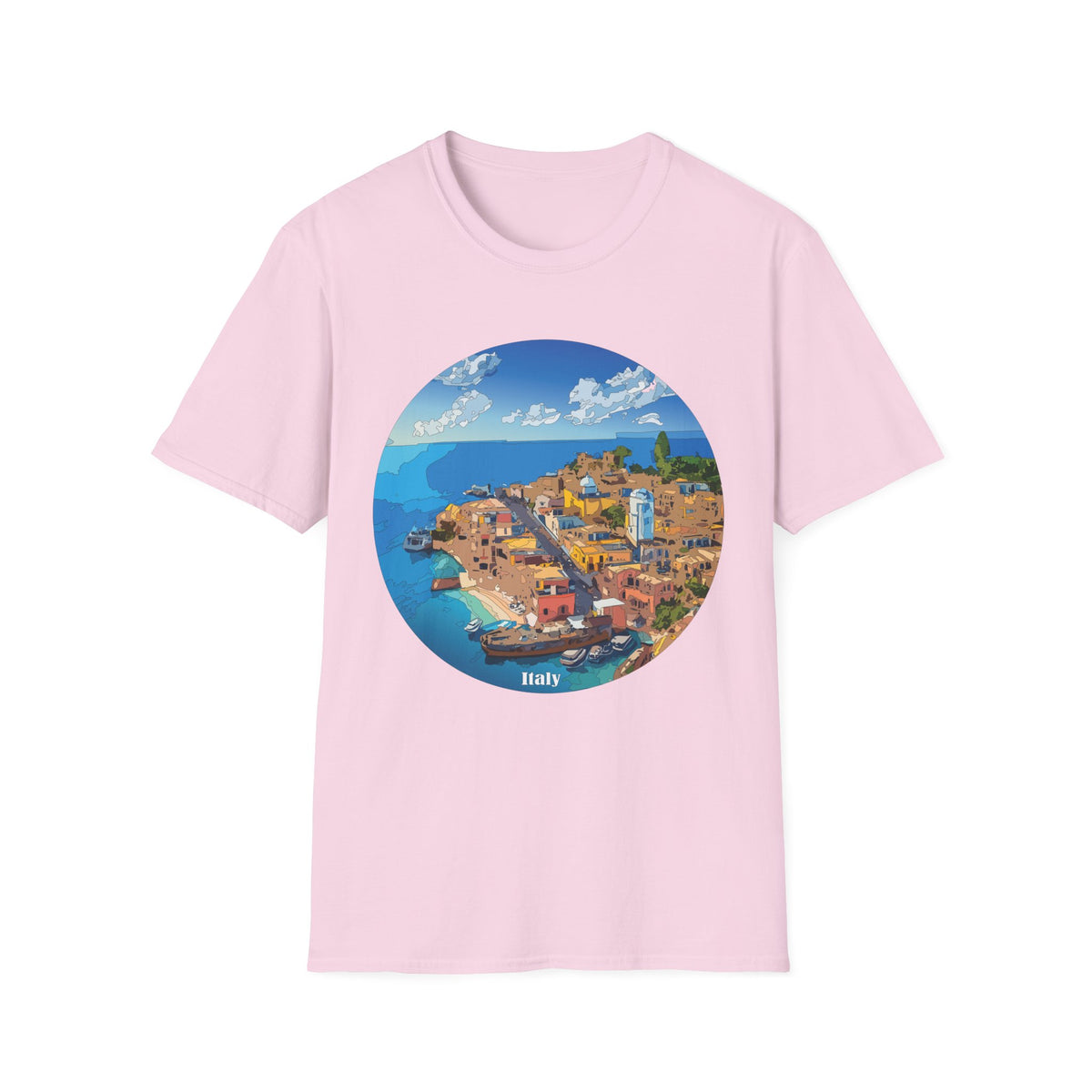 Italy Mediterranean Coastal Village Illustration T-Shirt | Seaside Landscape Tee