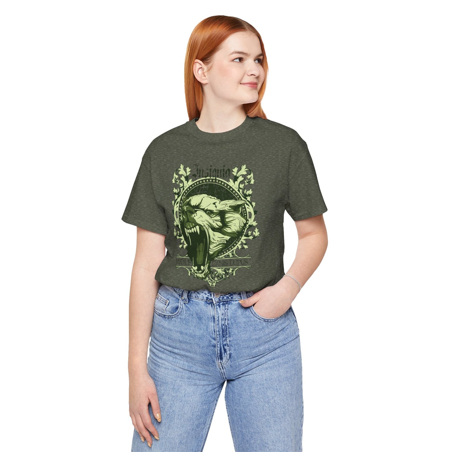 Howling Wolf Skull Tee Gothic Vintage Crest, Green Graphic Shirt Art-54