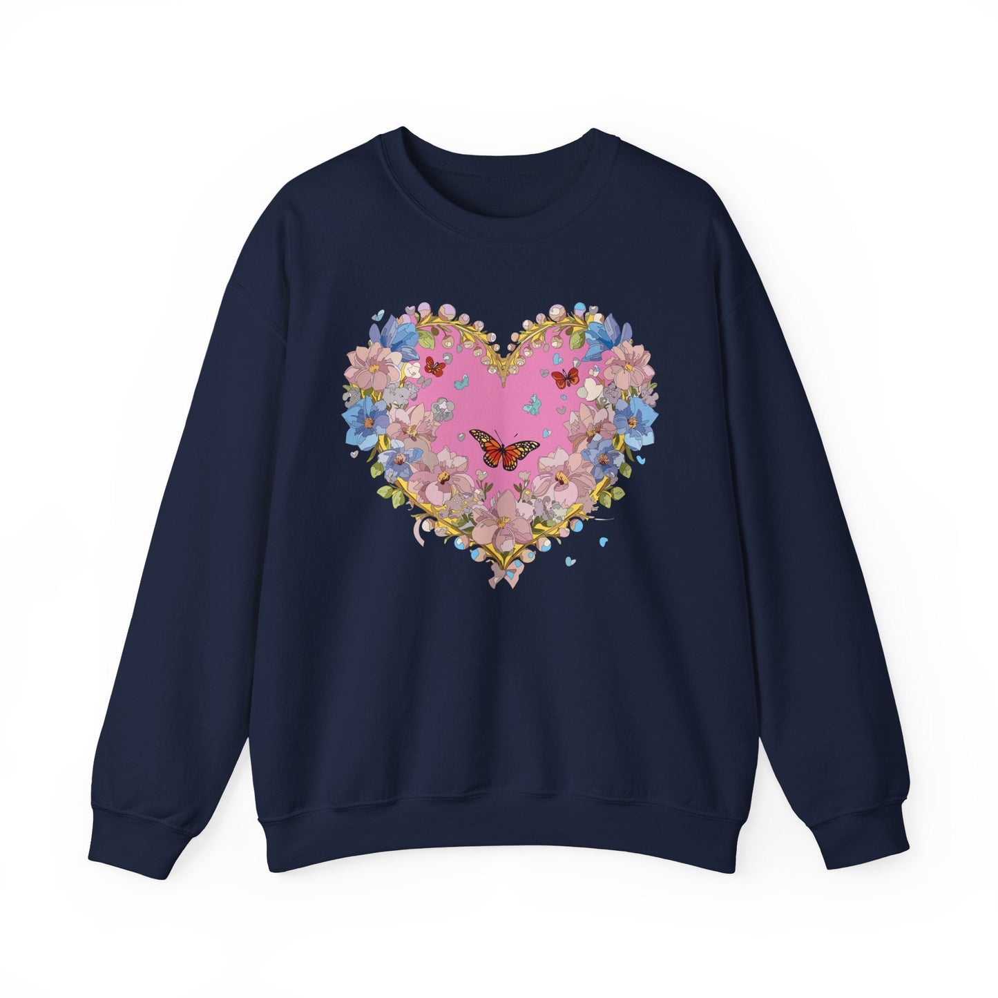 Floral Heart Sweatshirt Unisex Crewneck Gildan 18000 Fifty Fifty Cotton Polyester Valentine's Day