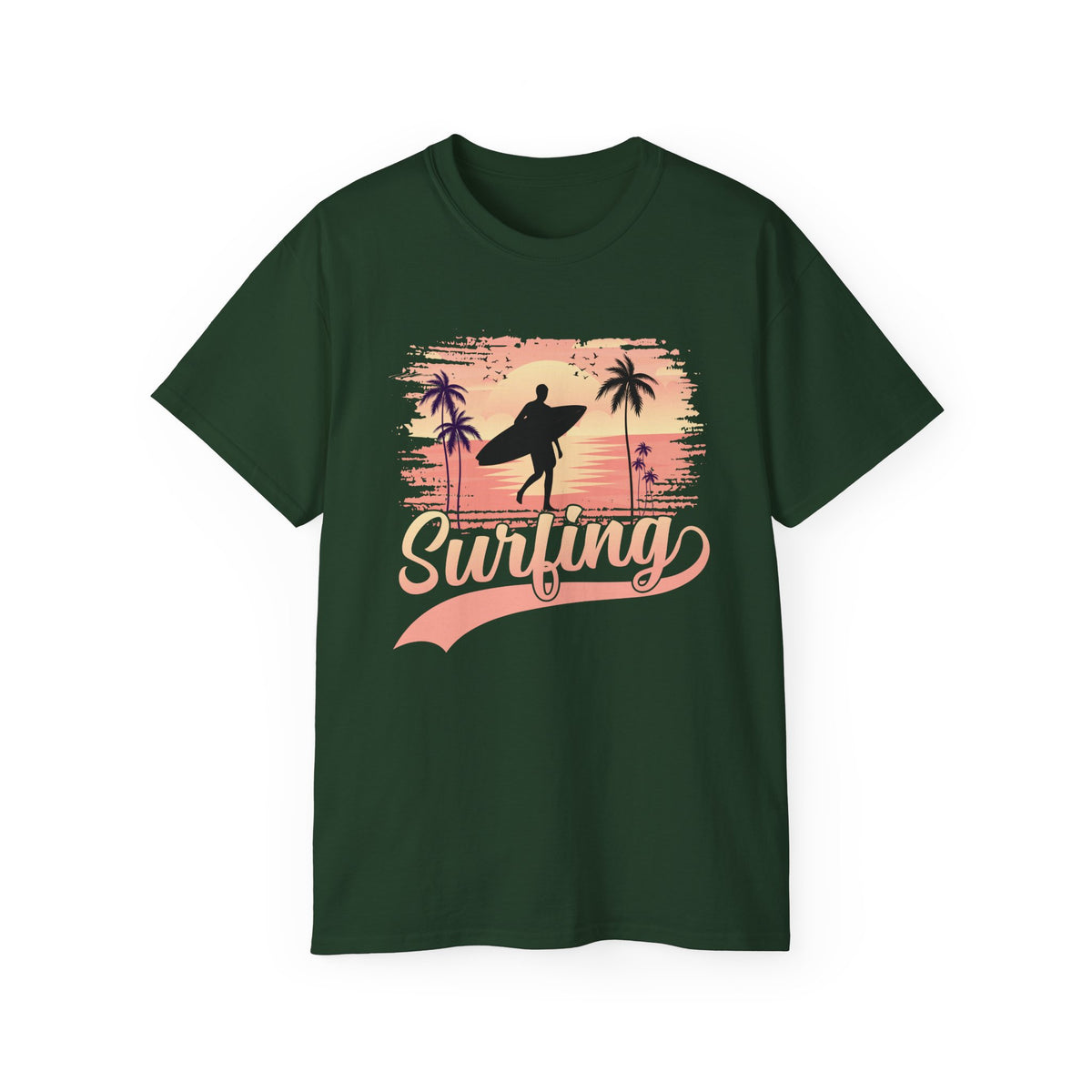 Surfing Silhouette Sunset T-Shirt | Palm Trees, Retro Wave Graphic