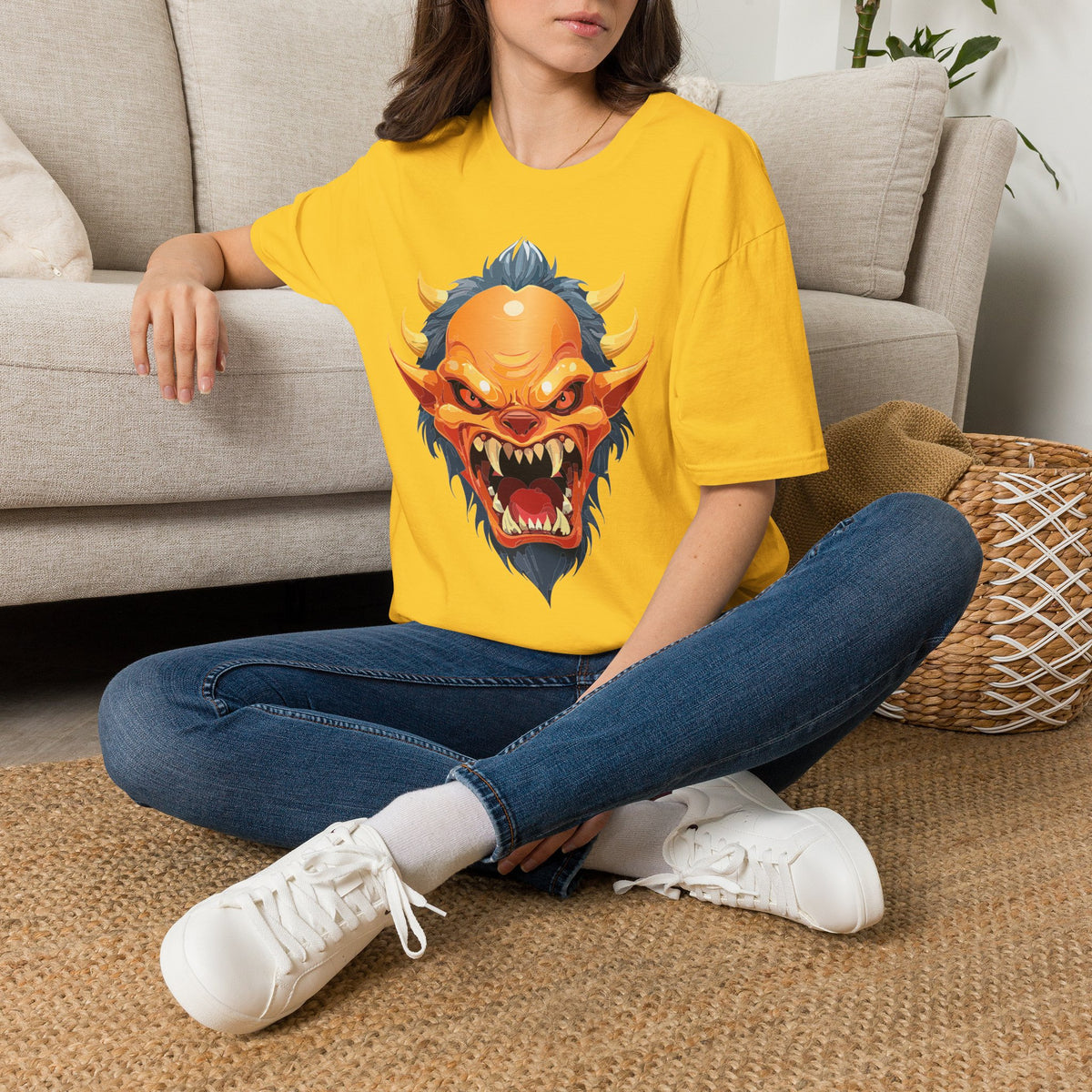 Demonic Oni Mask T-Shirt — Fierce Japanese Demon Face Cartoon Graphic Tee Unisex 100 Cotton Gildan T-Shirt
