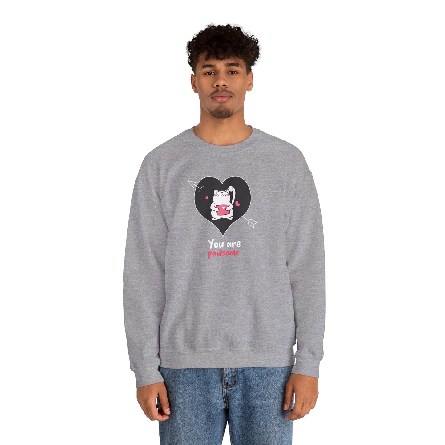 Cat Heart Sweatshirt Unisex Valentines Day Fifty Fifty Cotton Poly Crewneck Gildan 18000