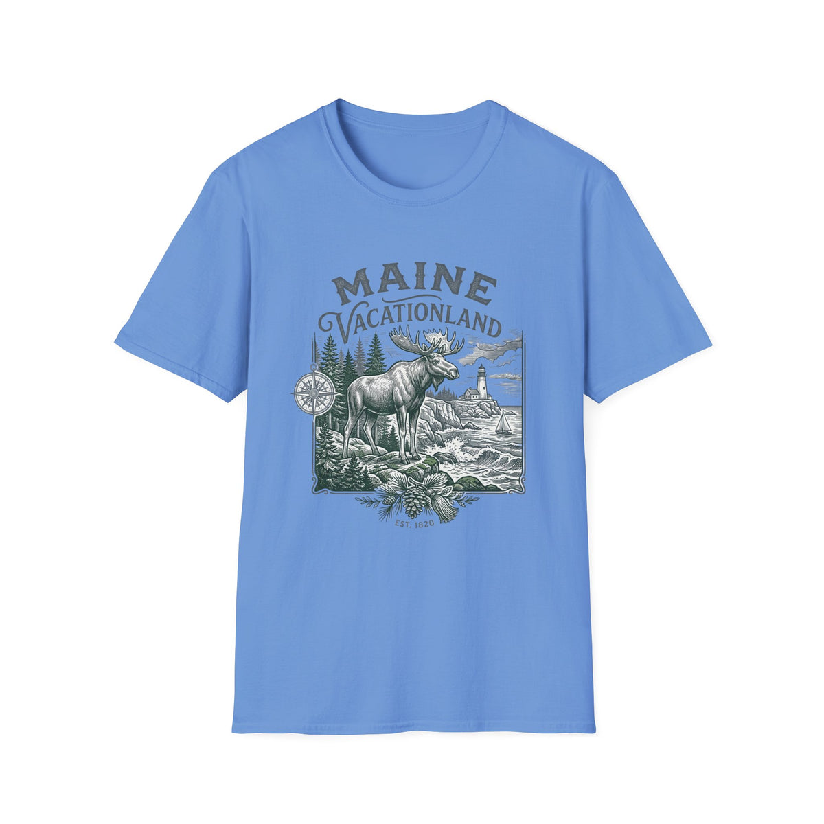 Maine Vacationland T-Shirt – Vintage Moose, Lighthouse State Travel Travel Tourist Graphic Design Unisex 100 Cotton Gildan T-Shirt