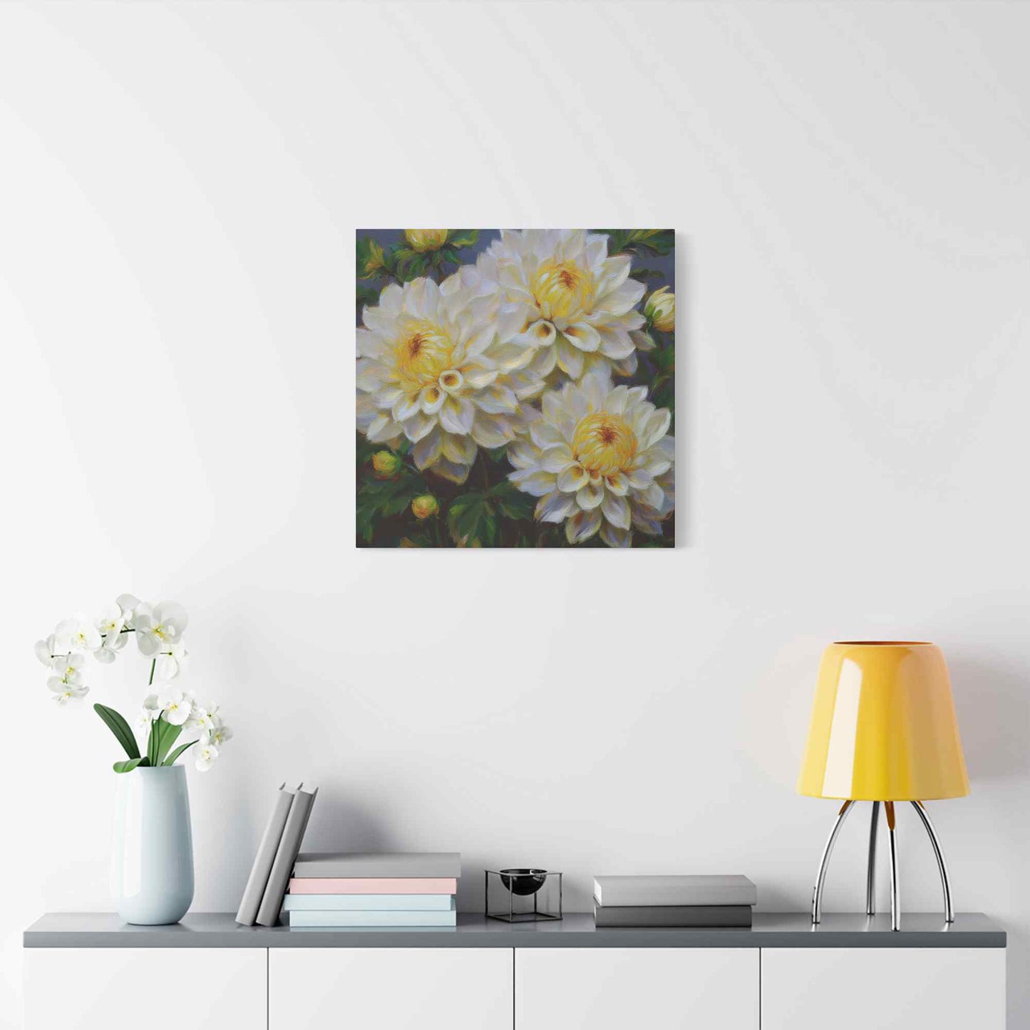 White Dahlias Print Canvas, Floral Oil Paint Print 20x20, 24x24, 30x30, 32x32, 36x36 Art Design Pine-Wood Inner Frame MC-168