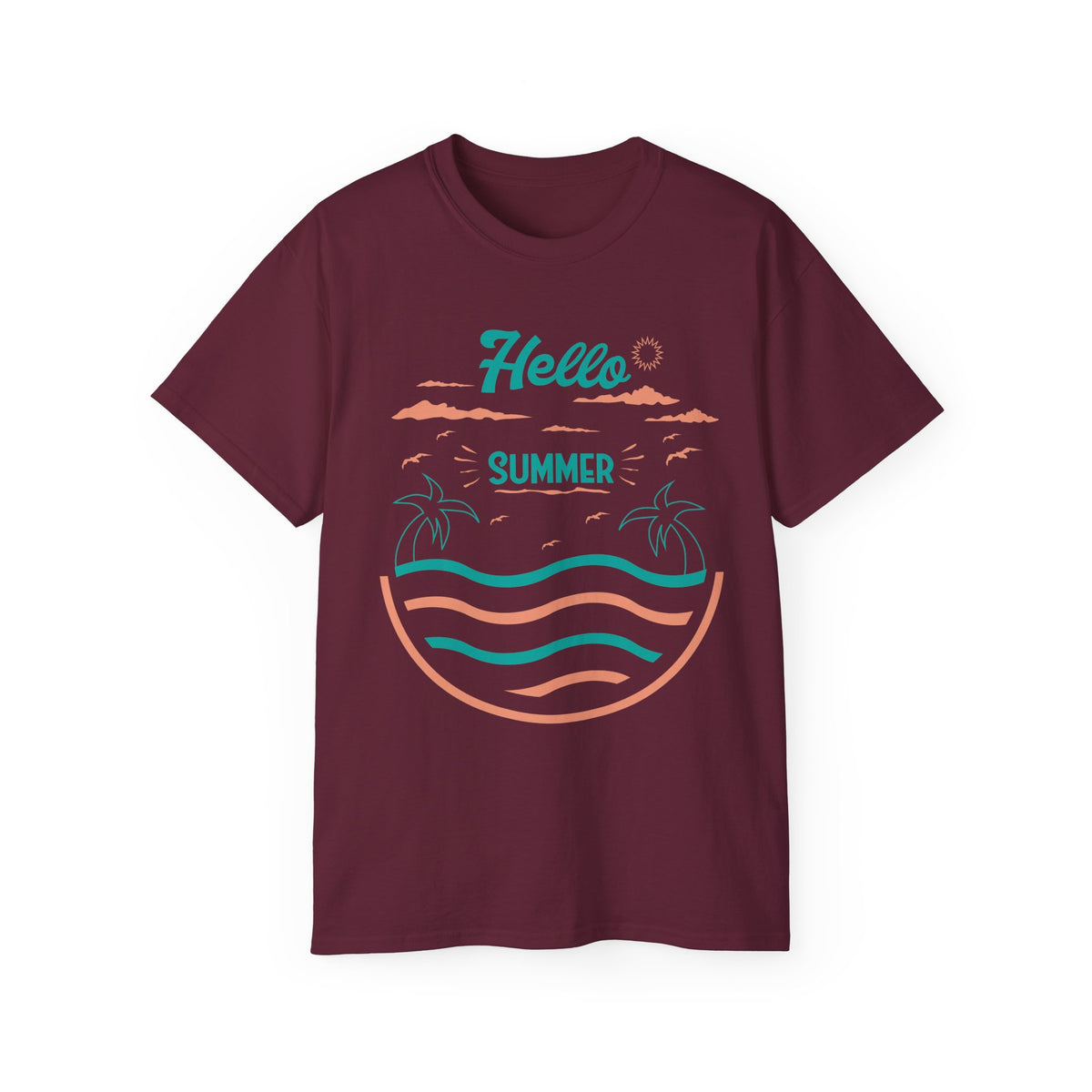 Hello Summer Beach Waves T-Shirt | Palm Tree Sunset Tee