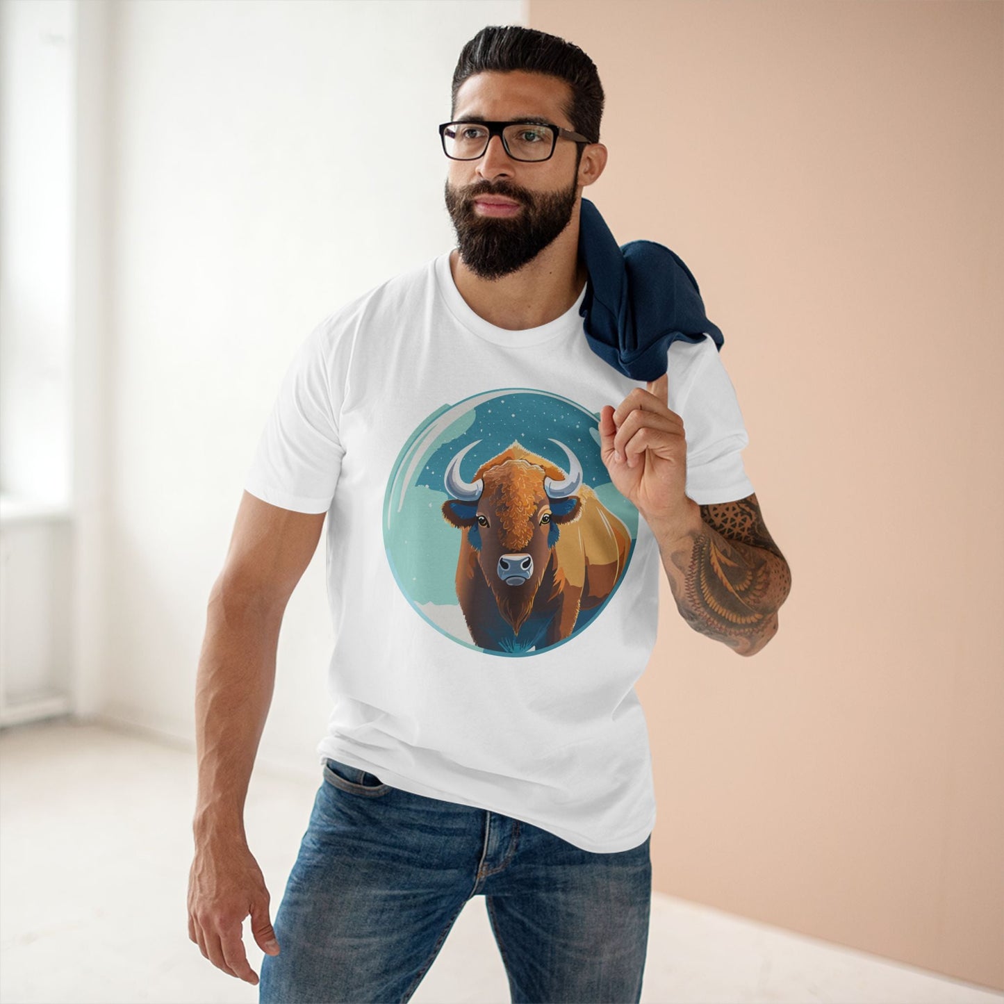 Retro2Nova Bison Art Tee Unisex Premium Cotton Staple Shirt With Original Animal Illustration From Art Collection