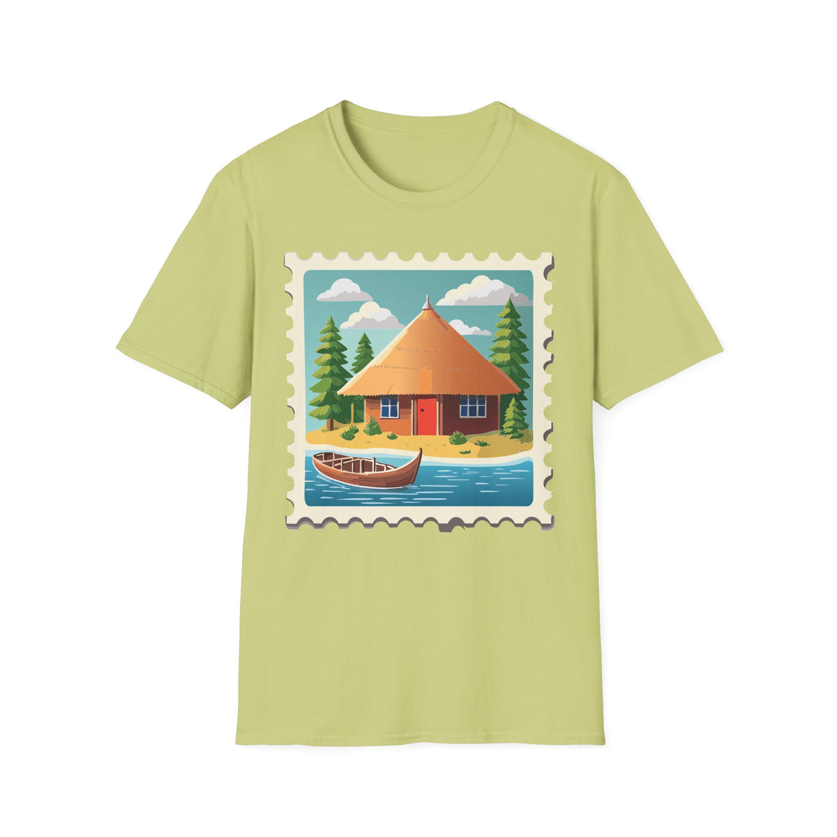 Cozy Lakeside Cottage Illustration T-Shirt | Retro Stamp Artwork