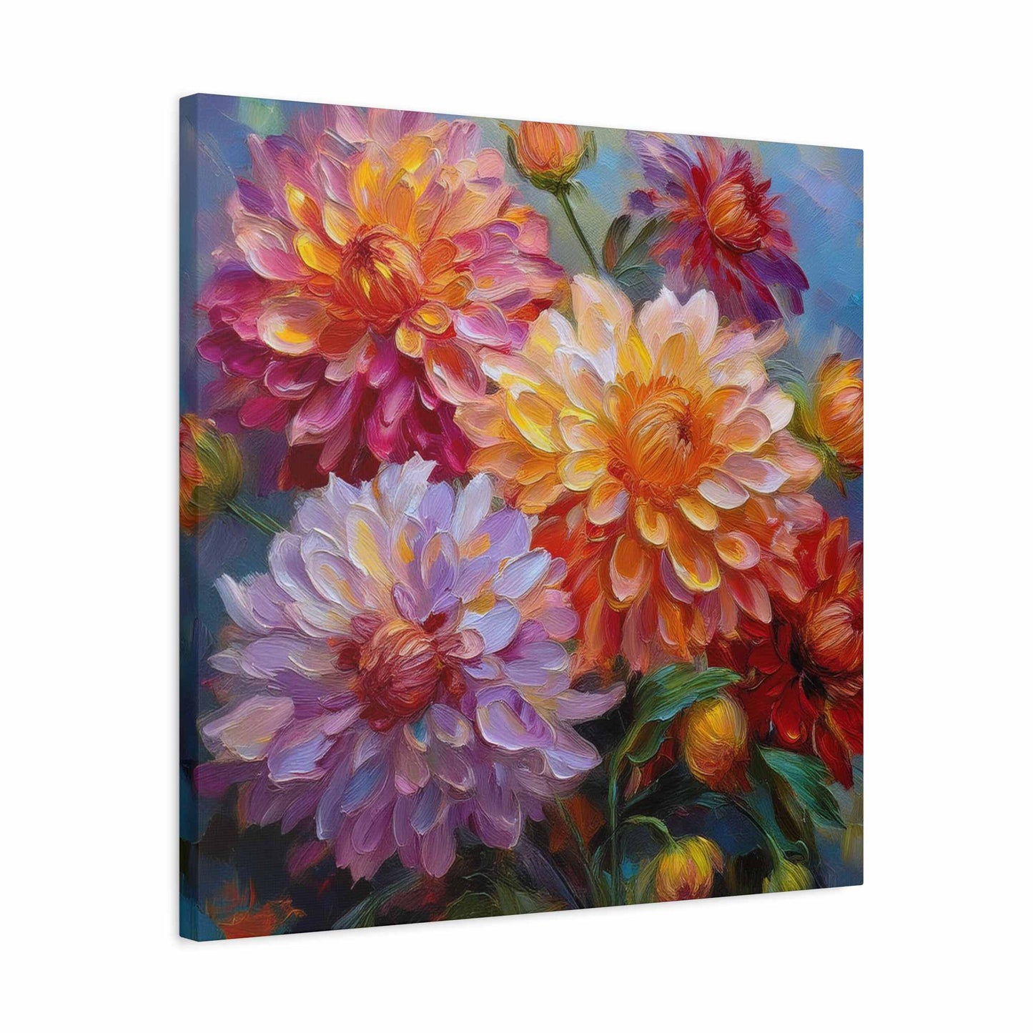 Dahlias Floral Print Canvas, Floral Oil Paint Print 20x20, 24x24, 30x30, 32x32, 36x36 Art Design Pine-Wood Inner Frame MC-165