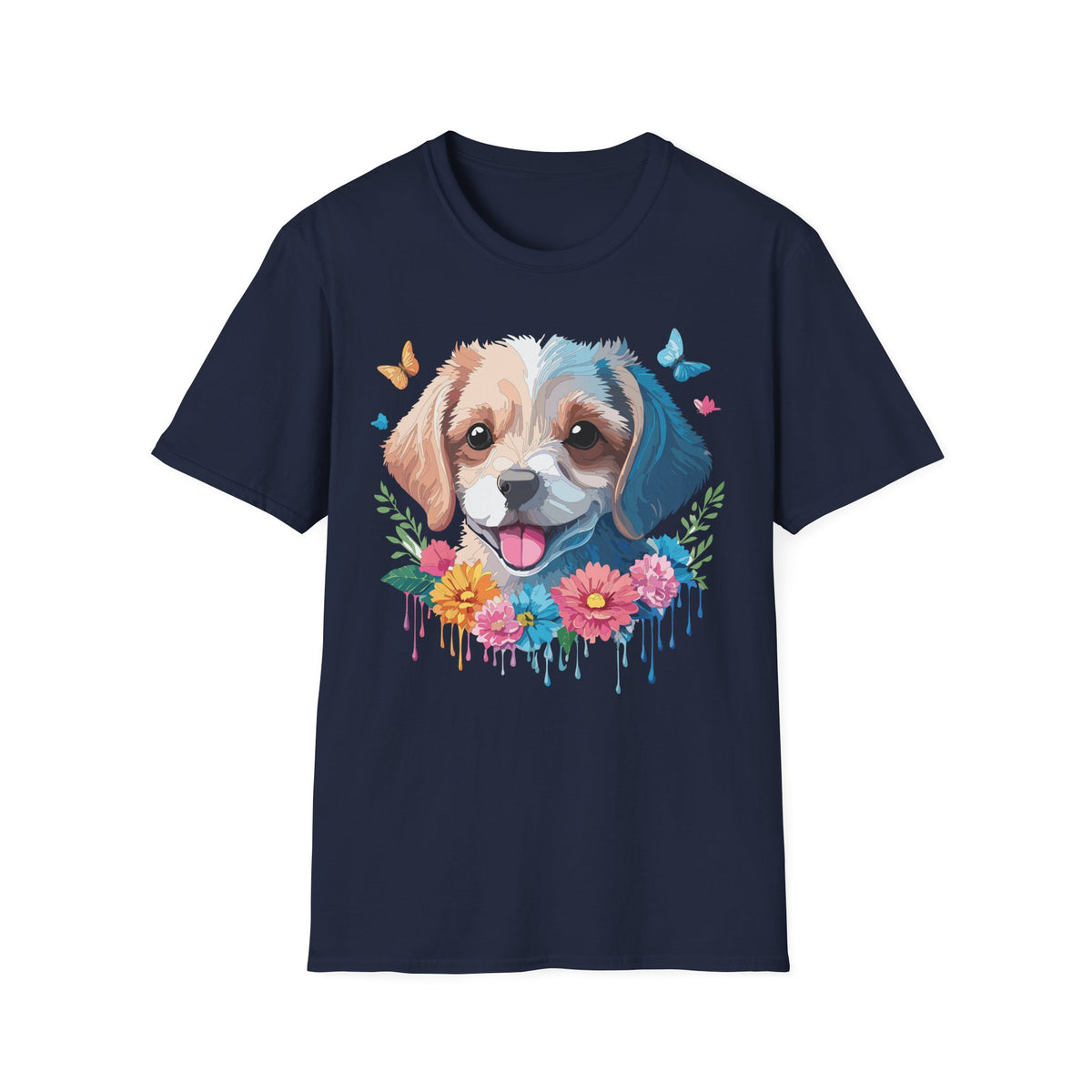 Happy Puppy Face T-Shirt | Cute Dog Portrait, Flowers & Butterflies