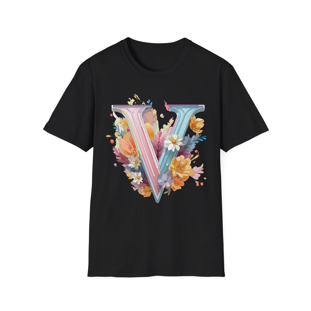 Floral Letter V T-Shirt | Pastel Botanical Initial Tee