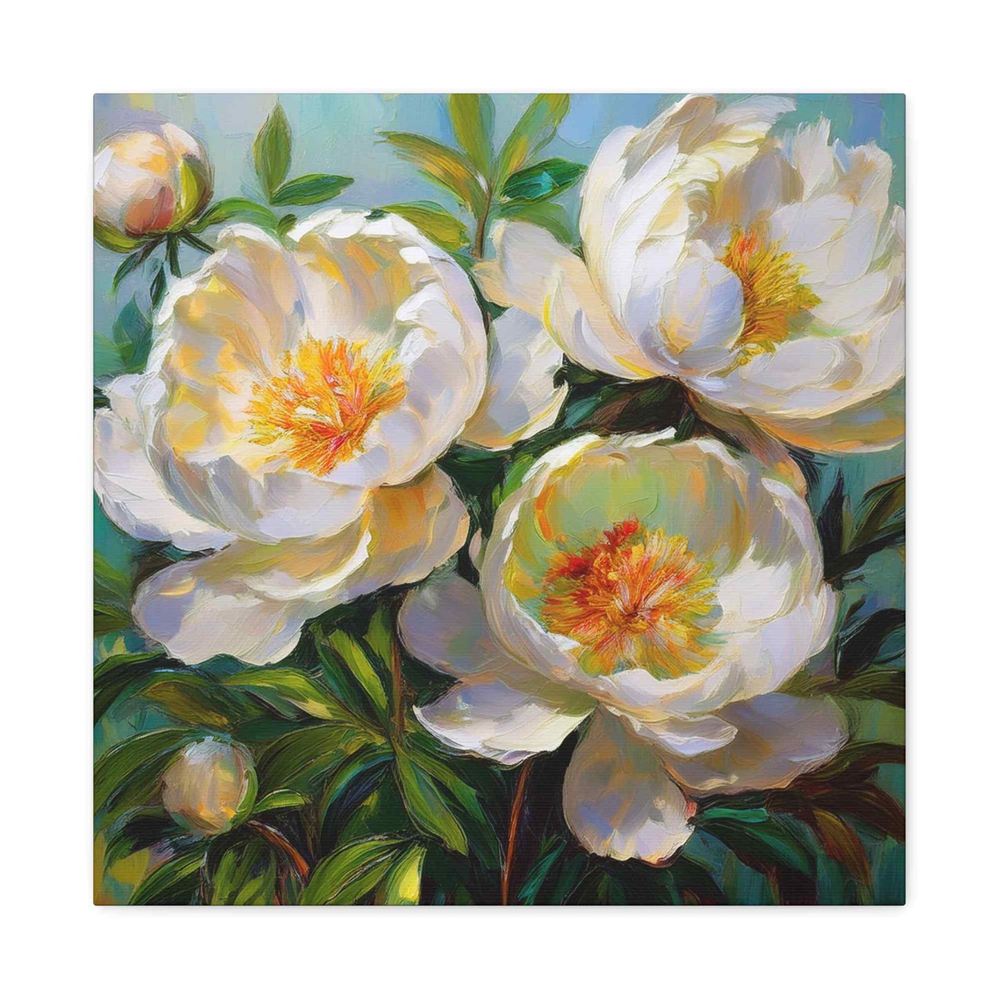 White Peonies Print Canvas, Floral Oil Paint Print 20x20, 24x24, 30x30, 32x32, 36x36 Art Design Pine-Wood Inner Frame MC-117
