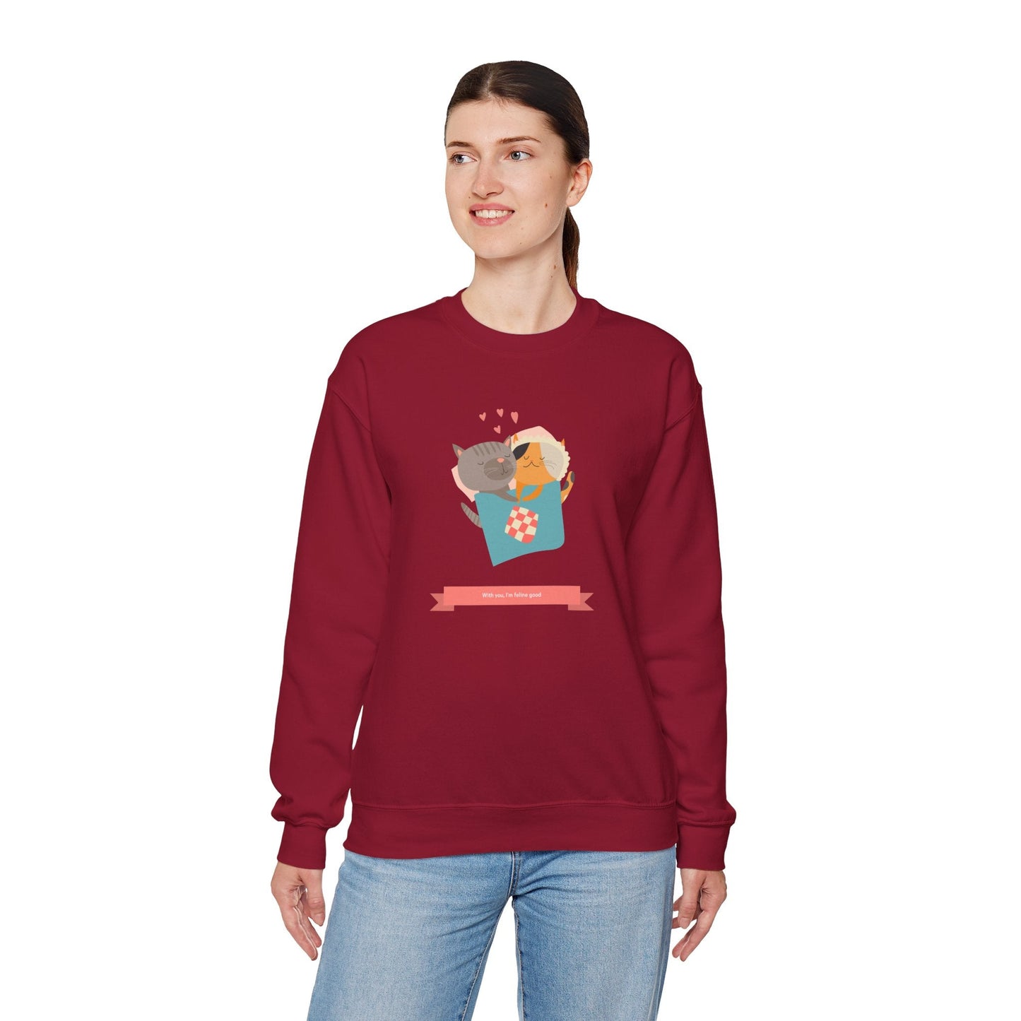 Cat Heart Sweatshirt Unisex Valentines Day 50 50 Cotton Poly Crewneck Gildan 18000