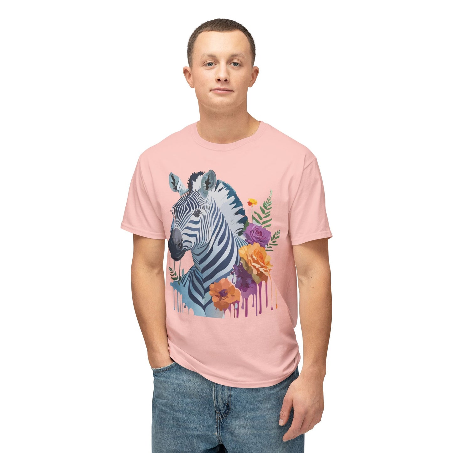 Unisex Zebra T Shirt With Floral Art Print Premium HD Cotton Jersey Tee Made In USA