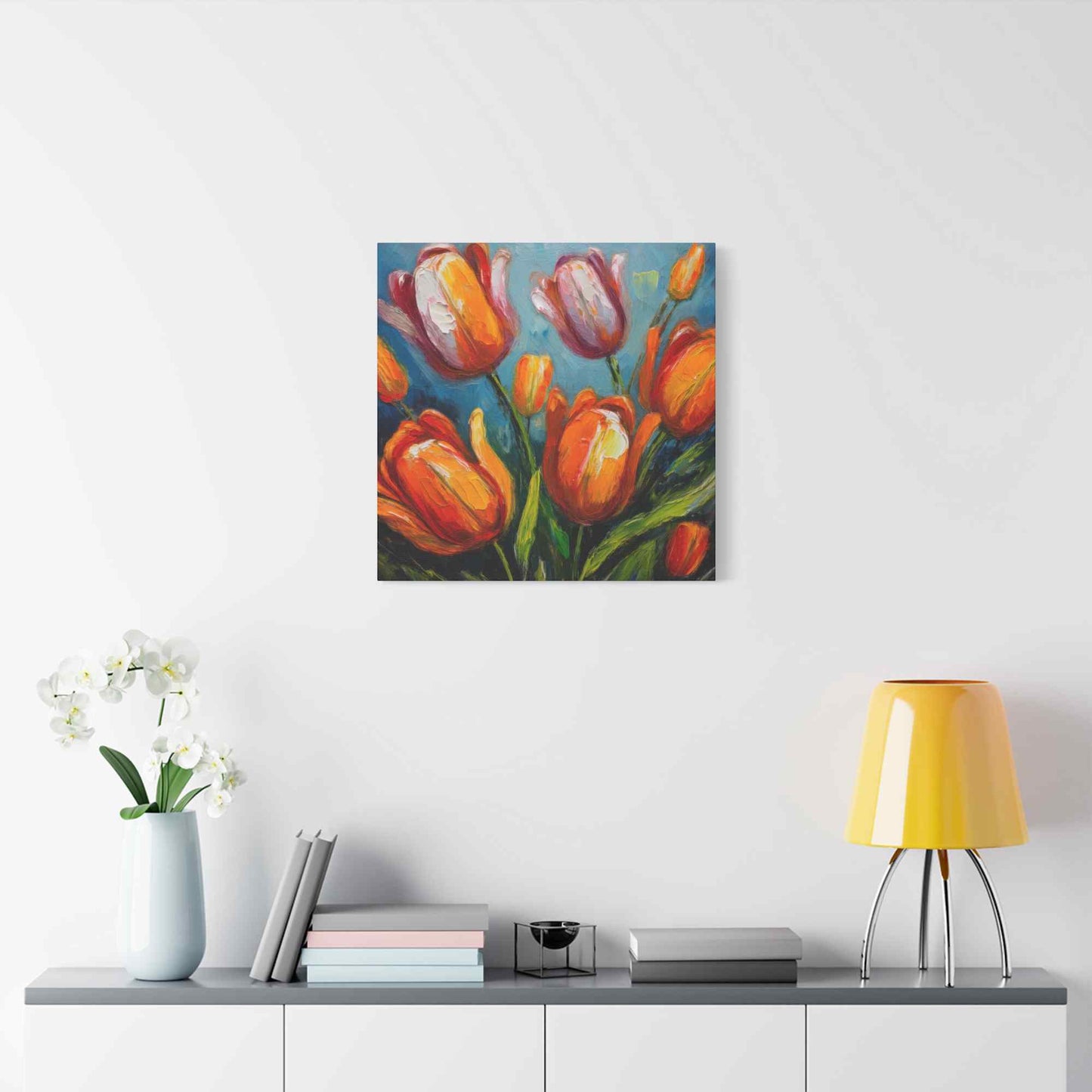 Tulips Print Canvas, Floral Oil Paint Print 20x20, 24x24, 30x30, 32x32, 36x36 Art Design Pine-Wood Inner Frame MC-145