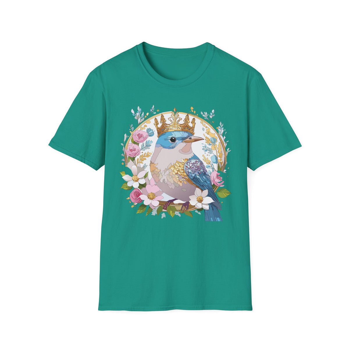 Crowned Bluebird with Floral Wreath T-Shirt | Royal Bird Illustration