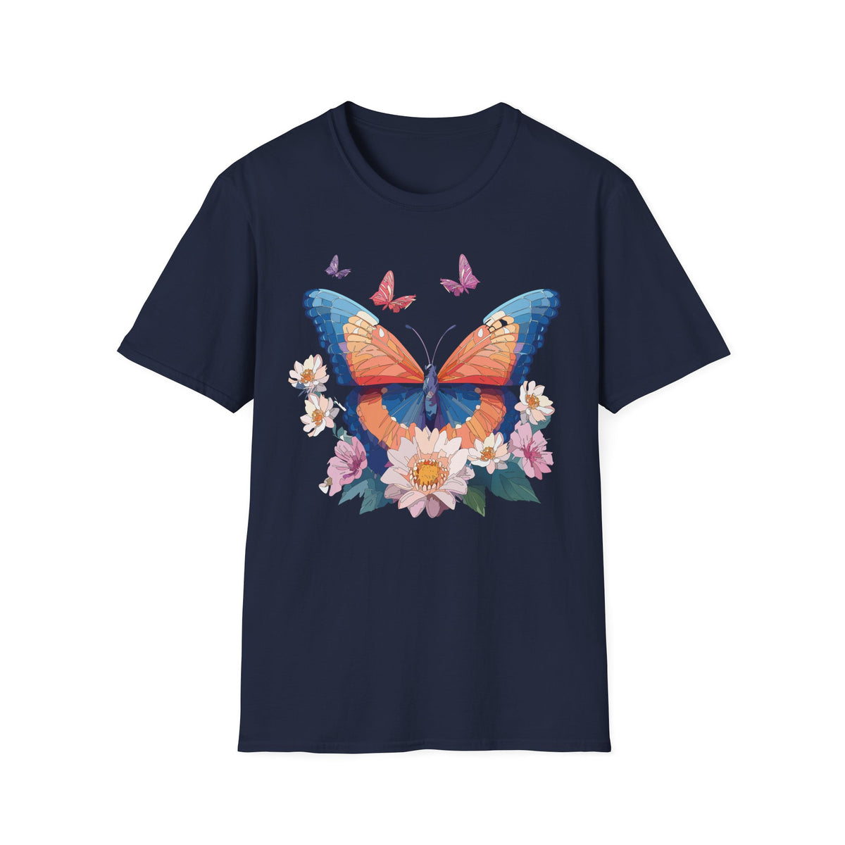 Butterfly Floral T-Shirt – Vibrant Orange & Blue Butterfly with Flowers Graphic Tee Unisex 100 Cotton Gildan T-Shirt