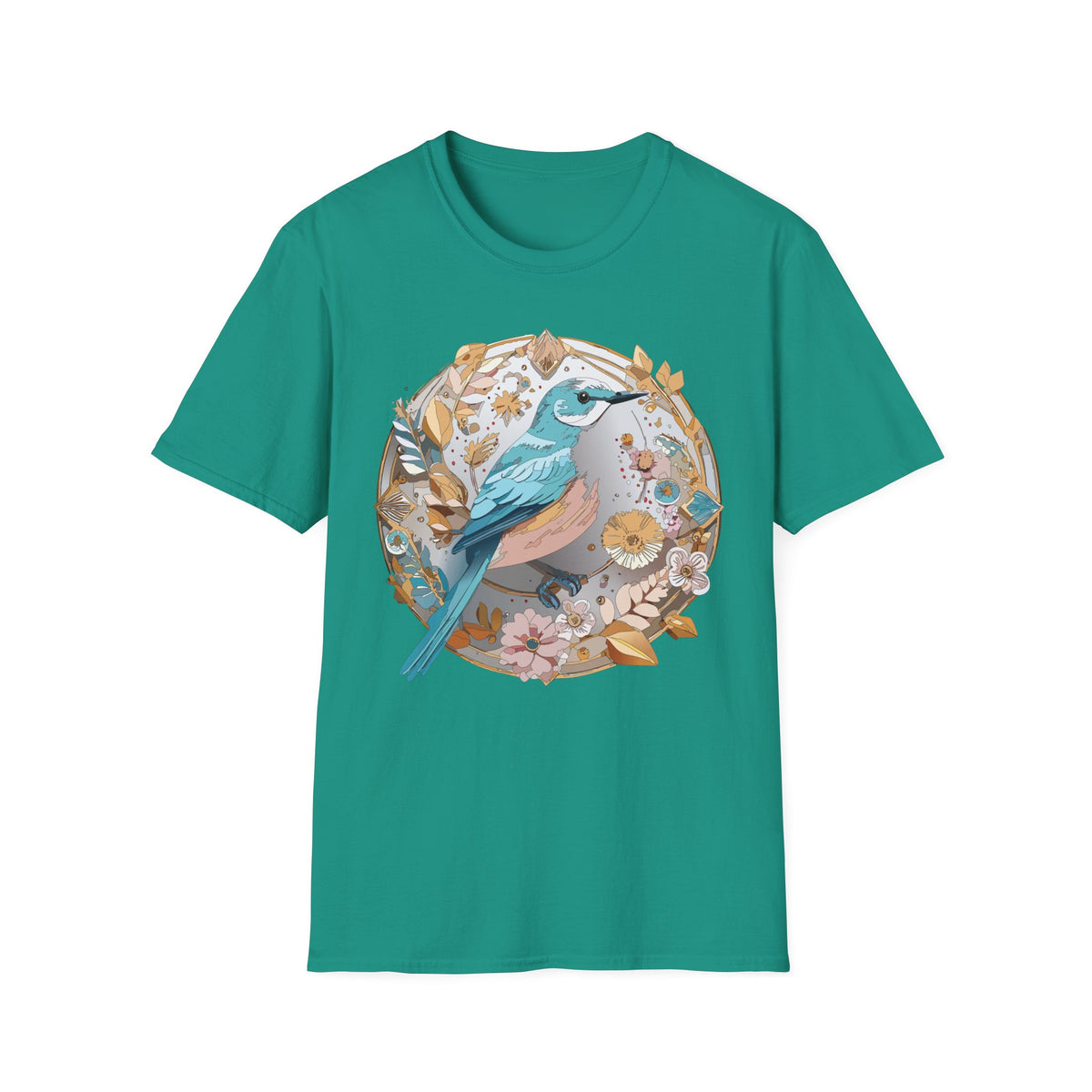 Blue Bird Floral Wreath T-Shirt | Botanical Bird Illustration