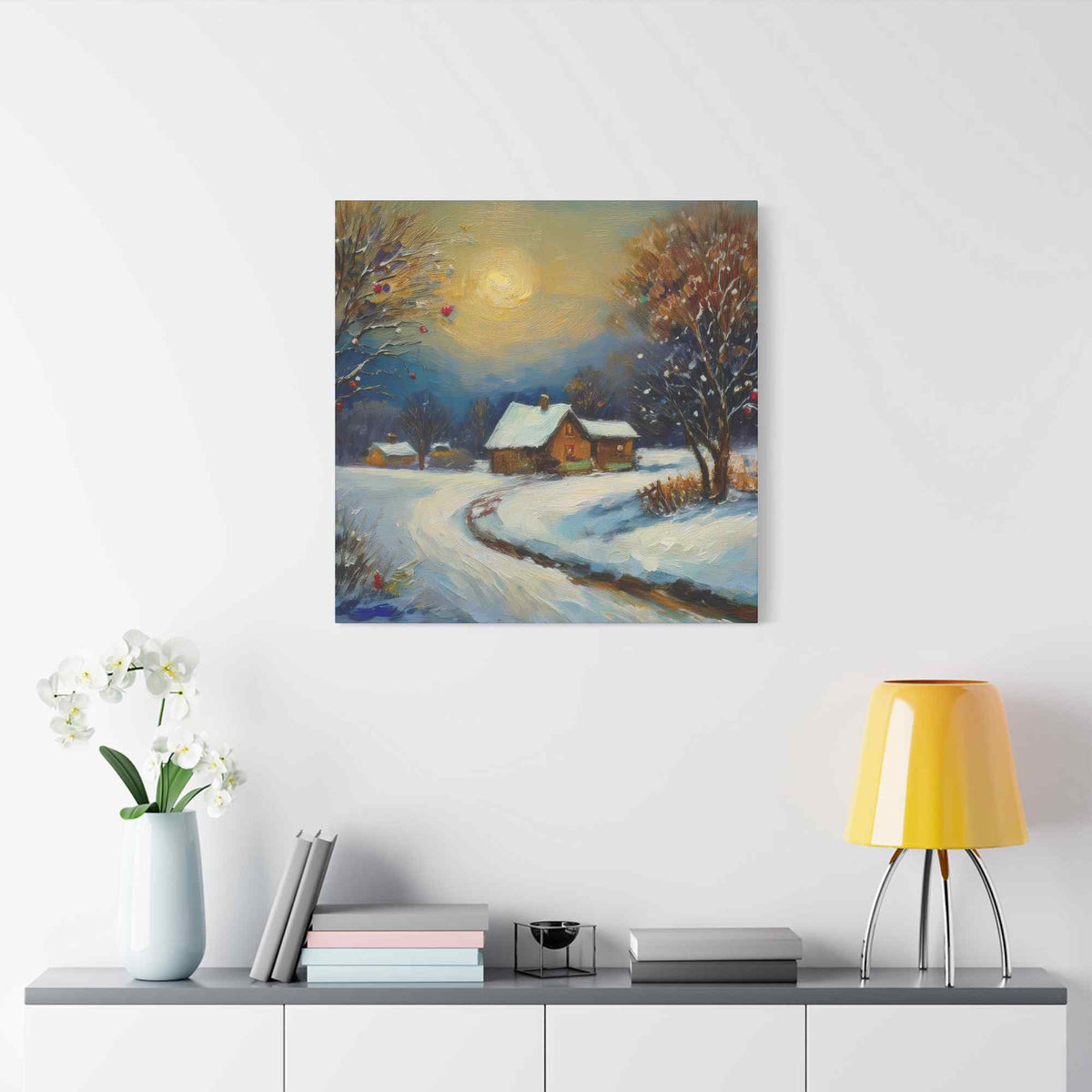 Countryside Winter Print Canvas, Oil Paint Print 20x20, 24x24, 30x30, 32x32, 36x36 Art Design Pine-Wood Inner Frame MC-112