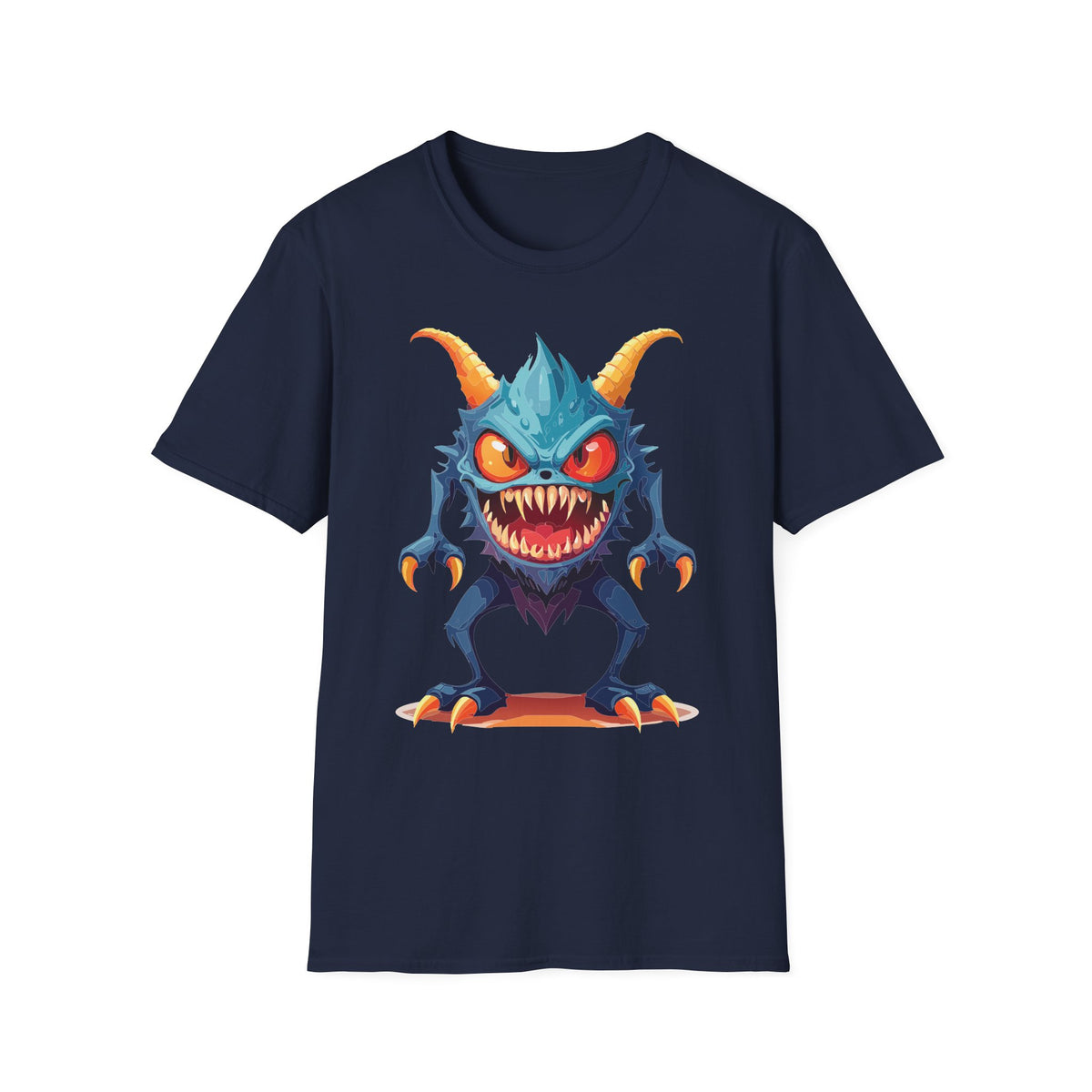 Monster Graphic T-Shirt — Cute Scary Blue Demon Tee for Halloween & Gamer Fans Cartoon Graphic Tee Unisex 100 Cotton Gildan T-Shirt