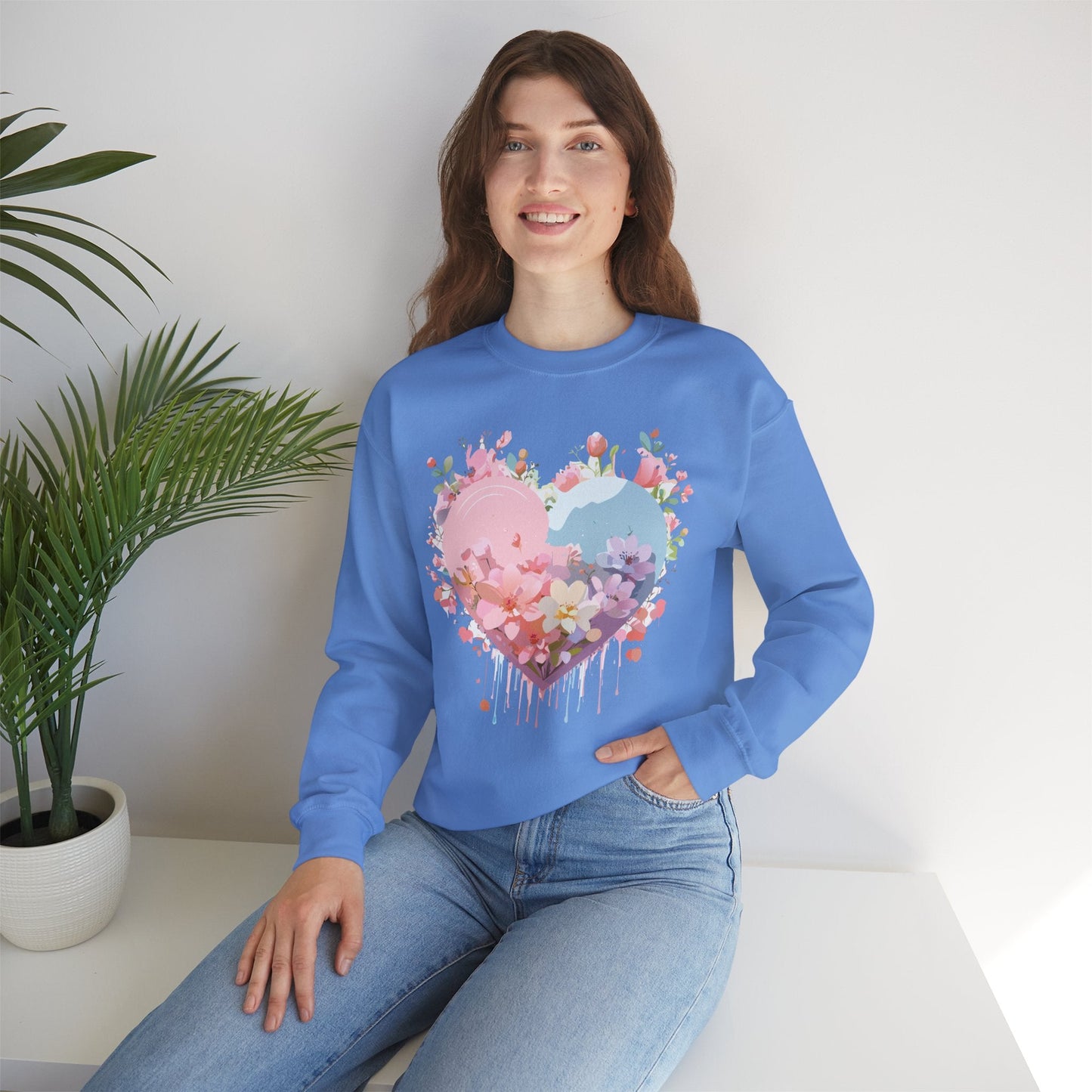 Floral Heart Sweatshirt Unisex Valentine Day Crewneck Gildan 18000 Heavy Blend Winter Wear