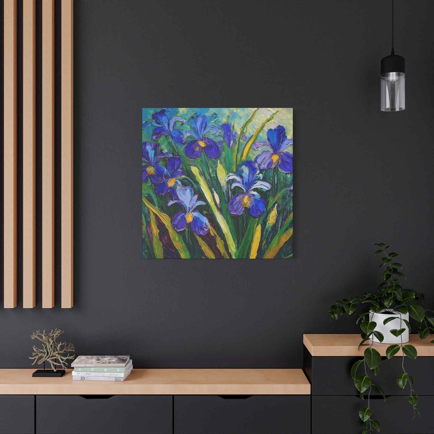 Irises Floral Print Canvas, Floral Oil Paint Print 20x20, 24x24, 30x30, 32x32, 36x36 Art Design Pine-Wood Inner Frame MC-187