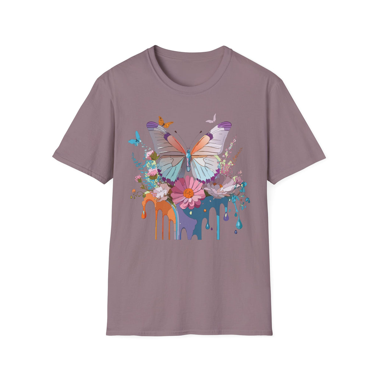 Butterfly Floral T-Shirt — Colorful Drip Art Garden Graphic Design Unisex 100 Cotton Gildan T-Shirt