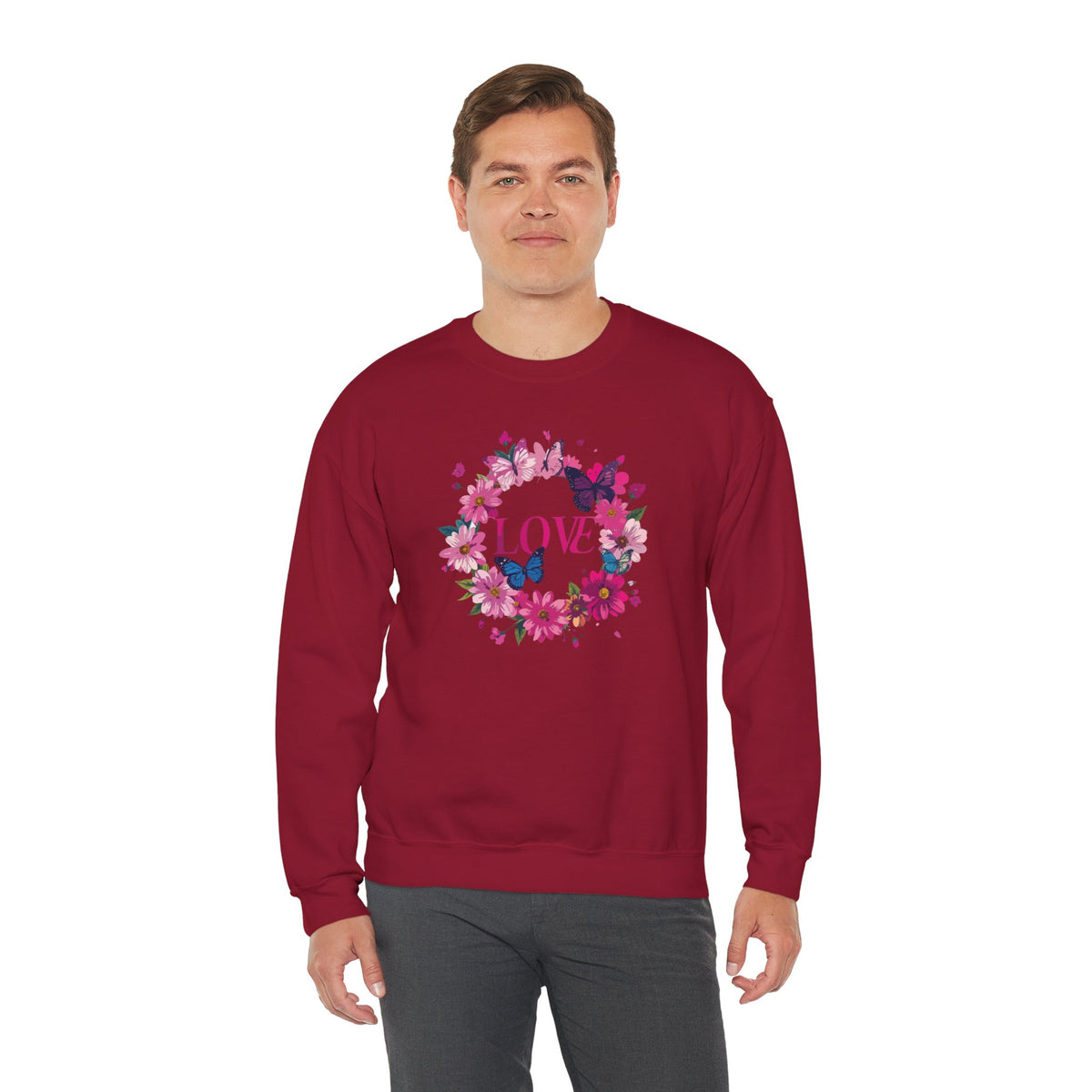 Unisex Floral Love Sweatshirt, Love Floral Sweatshirt, Floral Butterfly Sweatshirt, 50/50 Cotton-Poly Valentine's Day Sweatshirt 04