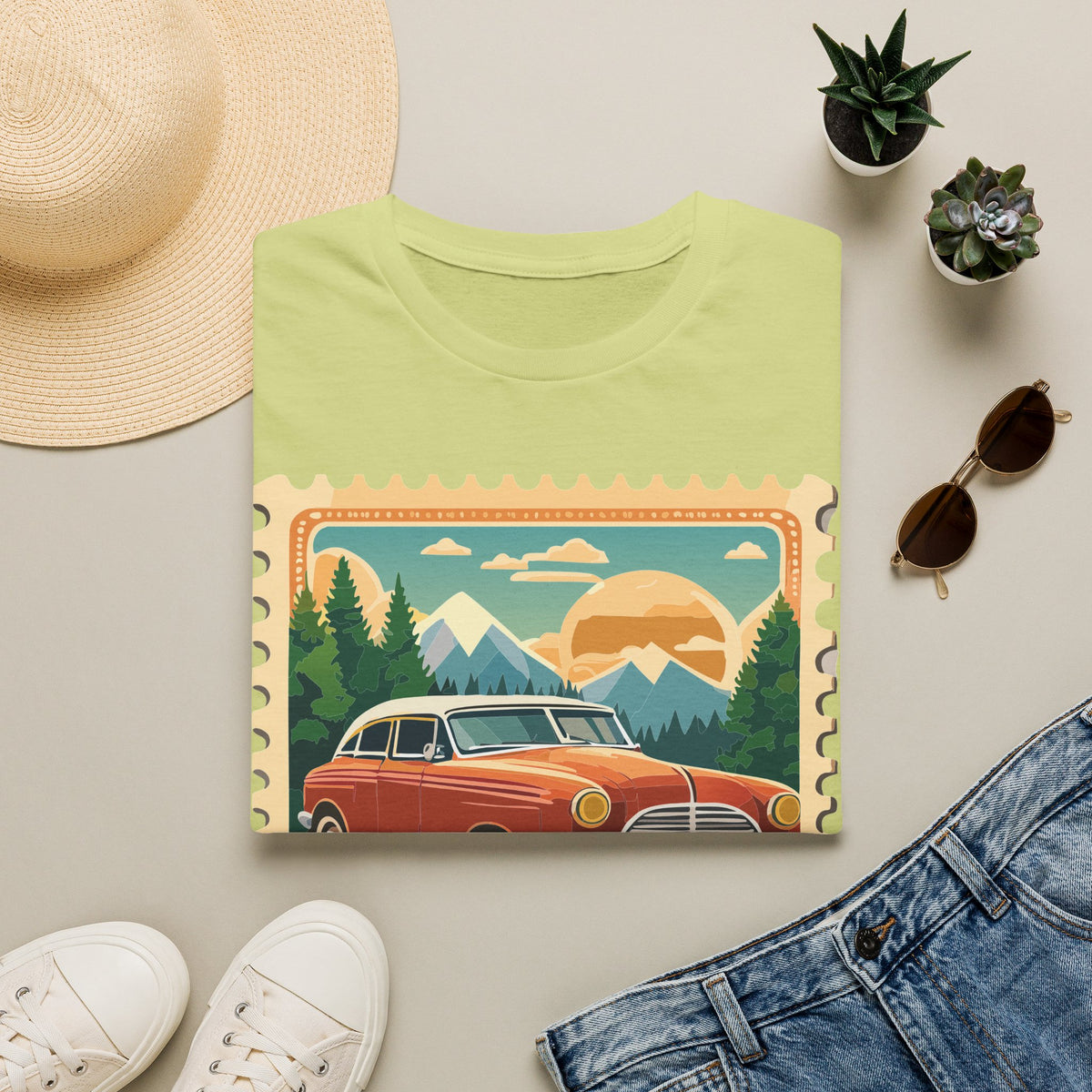 Vintage Road Trip Car T-Shirt | Retro Mountain Sunset Stamp Design
