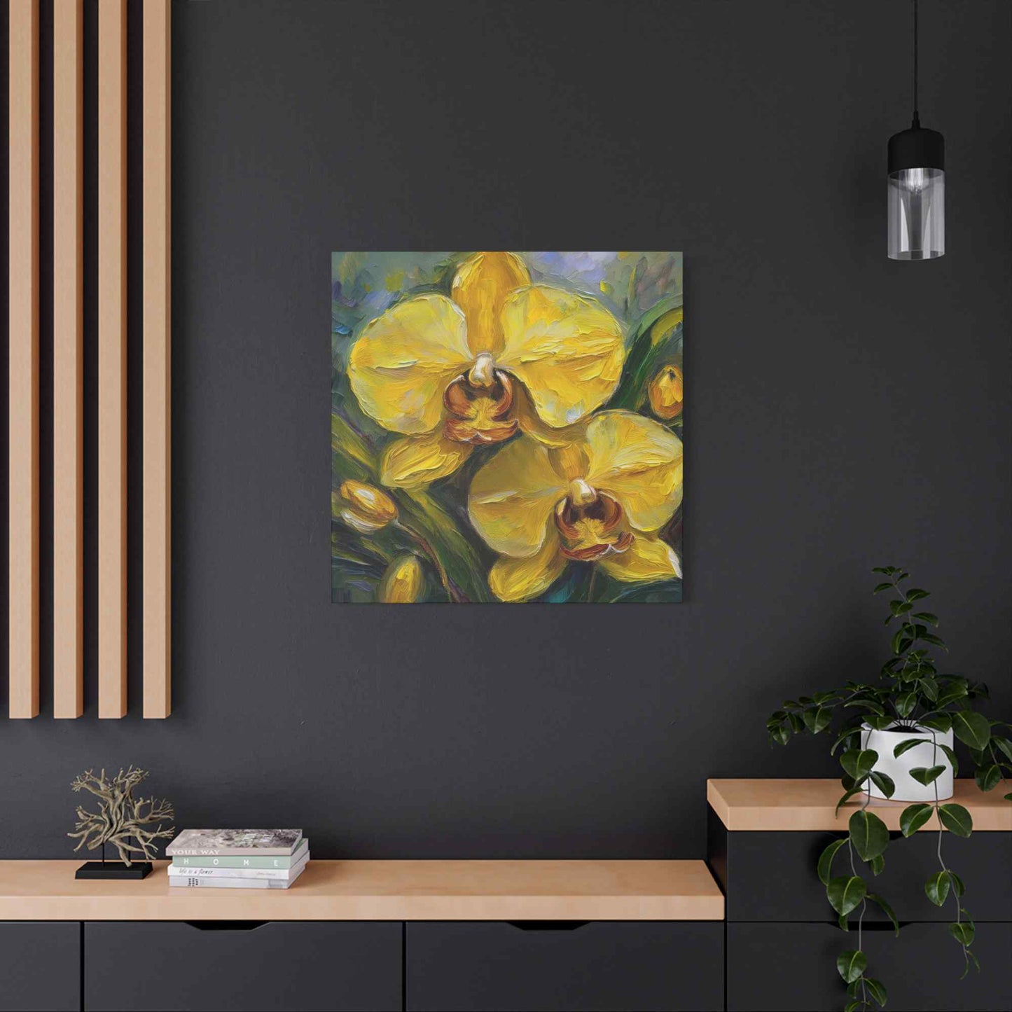 Yellow Orchids Print Canvas, Floral Oil Paint Print 20x20, 24x24, 30x30, 32x32, 36x36 Art Design Pine-Wood Inner Frame MC-140