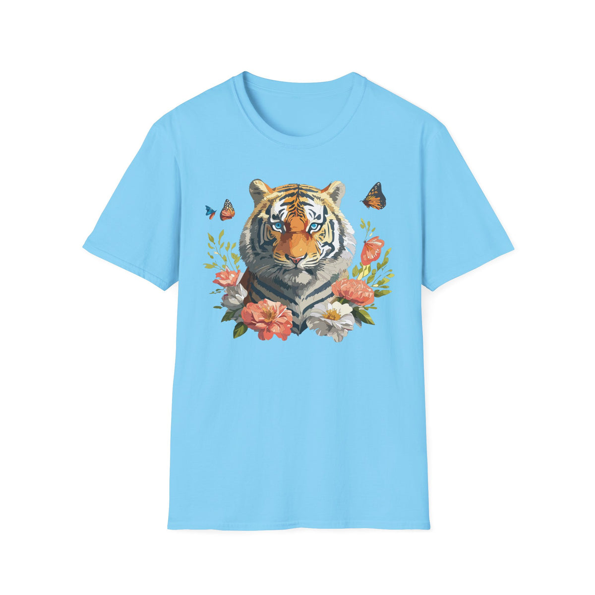Floral Tiger Portrait T-Shirt | Watercolor Big Cat with Butterflies