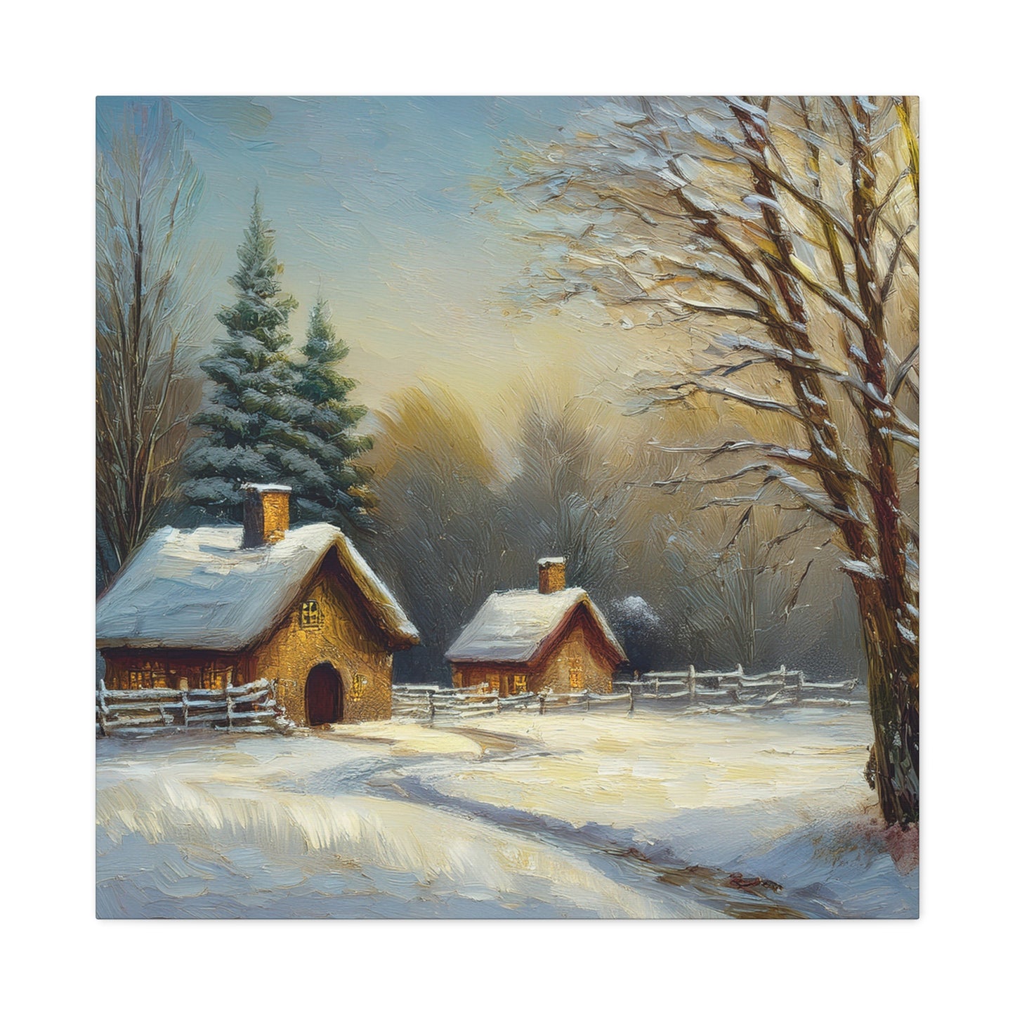Countryside Winter Print Canvas, Oil Paint Print 20x20, 24x24, 30x30, 32x32, 36x36 Art Design Pine-Wood Inner Frame MC-113