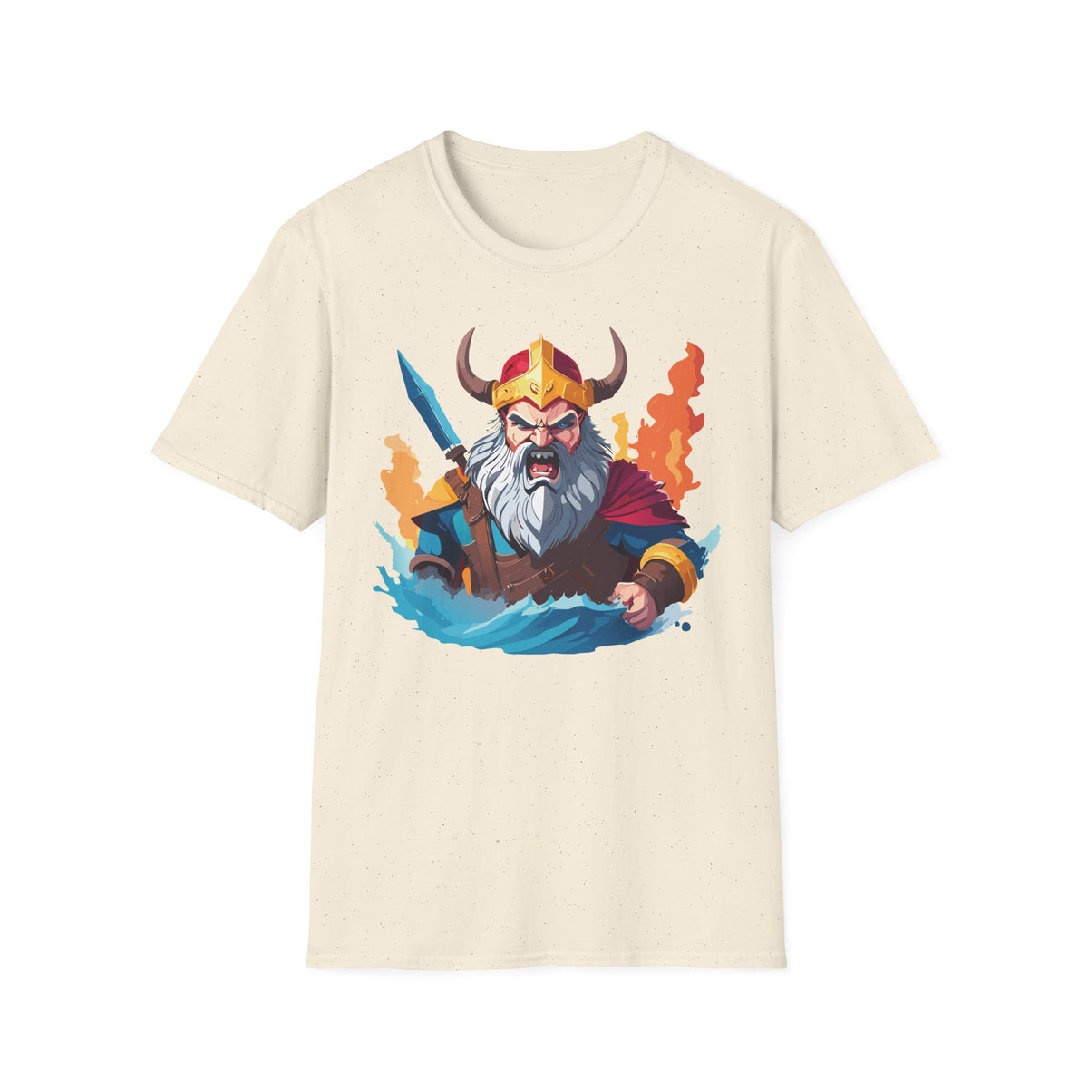 Viking Warrior Illustration T-Shirt | Horned Helmet, Sword, Flames