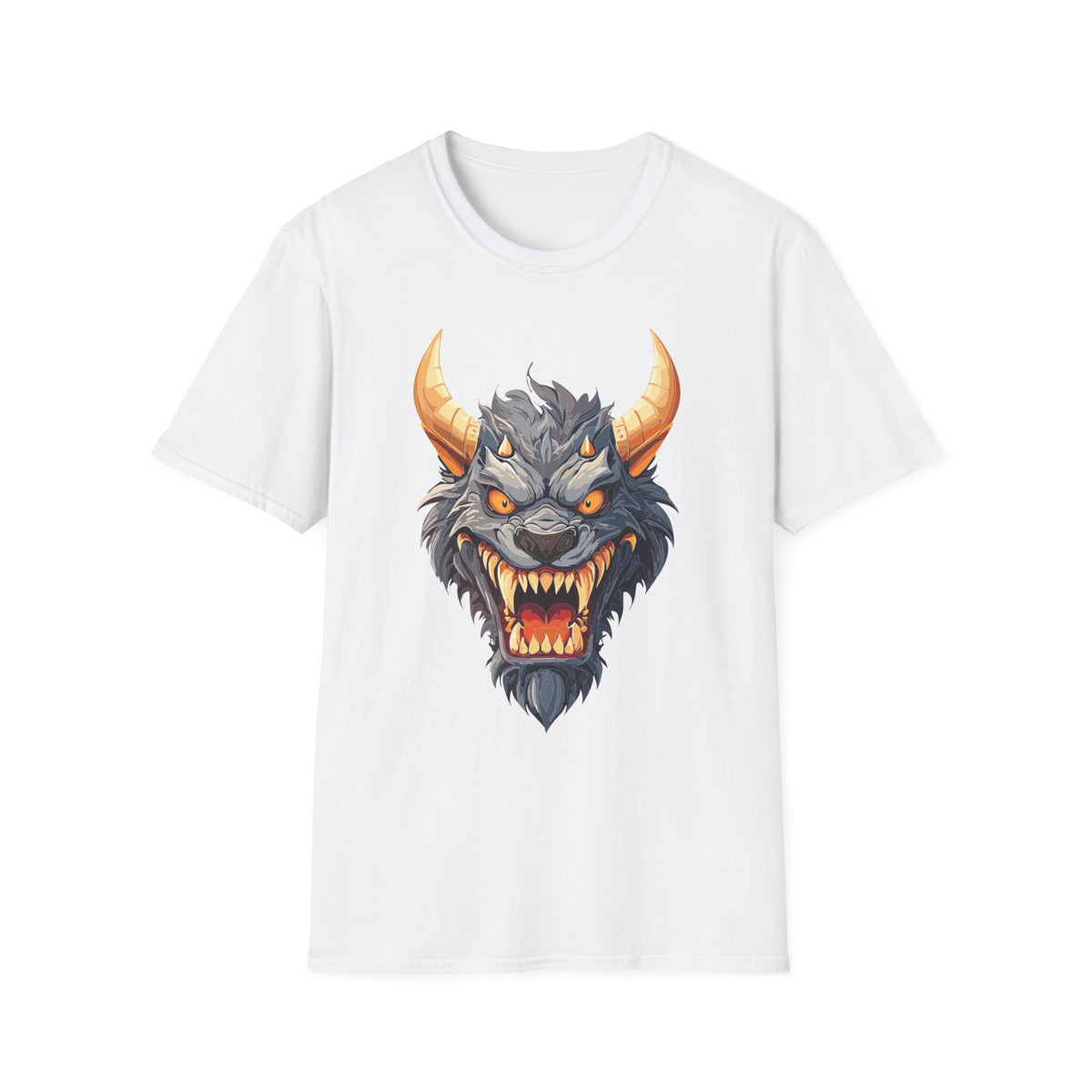 Demonic Beast Head T-Shirt — Horned Monster Cartoon Graphic Tee Unisex 100 Cotton Gildan T-Shirt