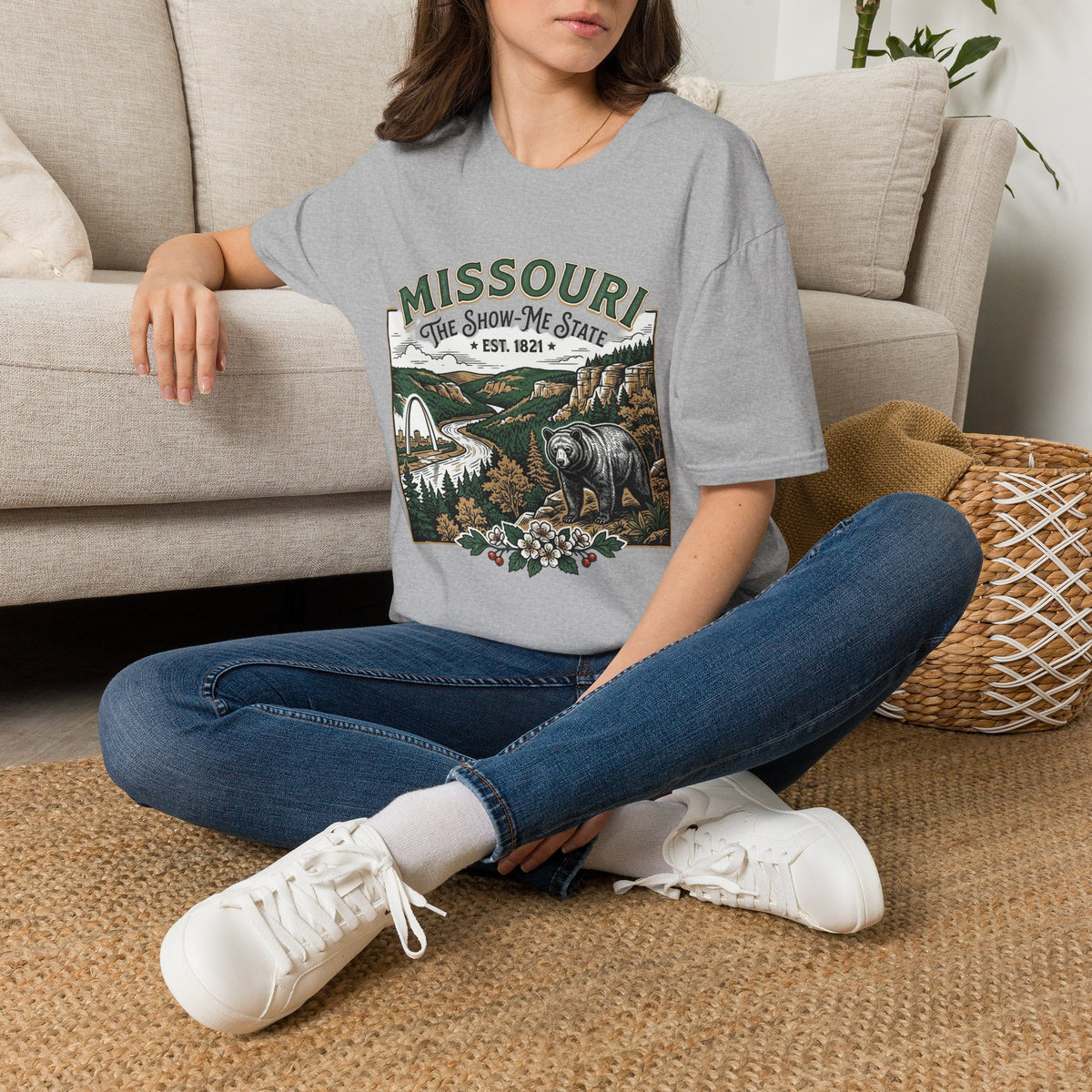Missouri Vintage State Pride T-Shirt — State Scenic Bear Design Travel Tourist Graphic Design Unisex 100 Cotton Gildan T-Shirt
