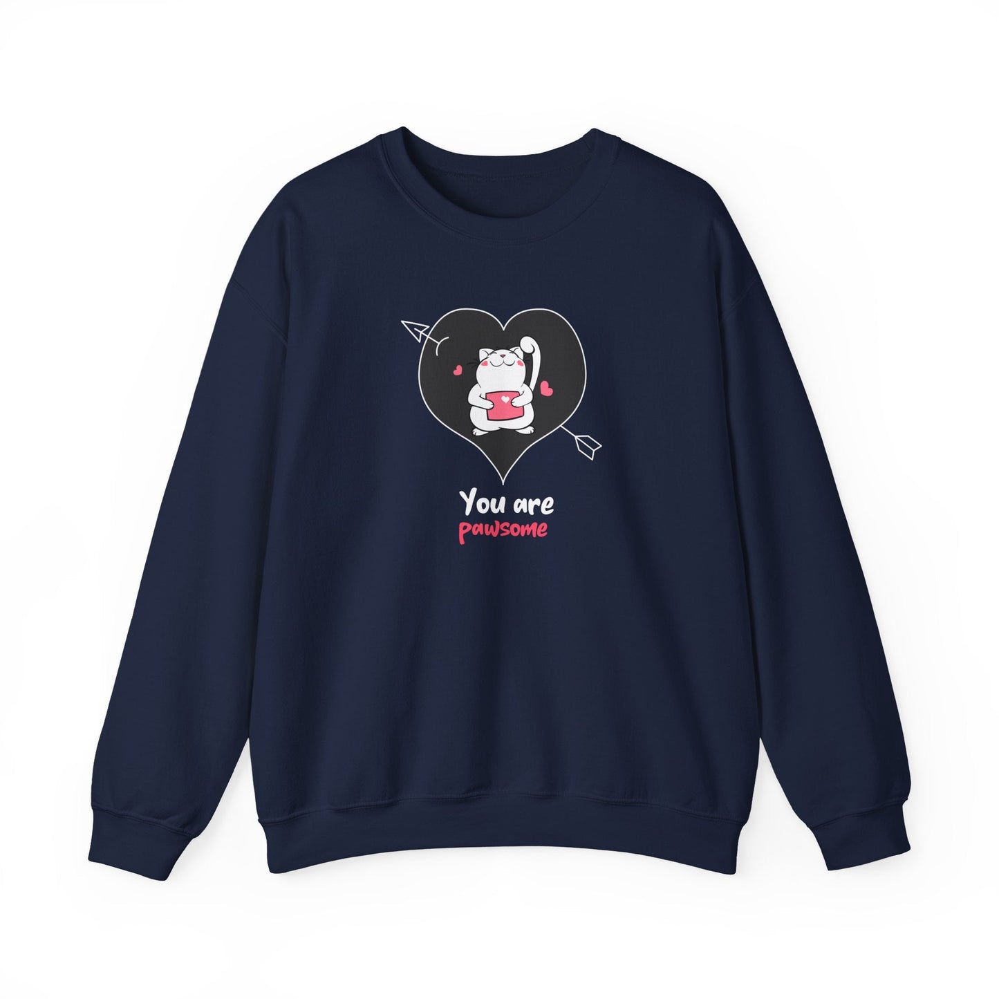 Cat Heart Sweatshirt Unisex Valentines Day Fifty Fifty Cotton Poly Crewneck Gildan 18000