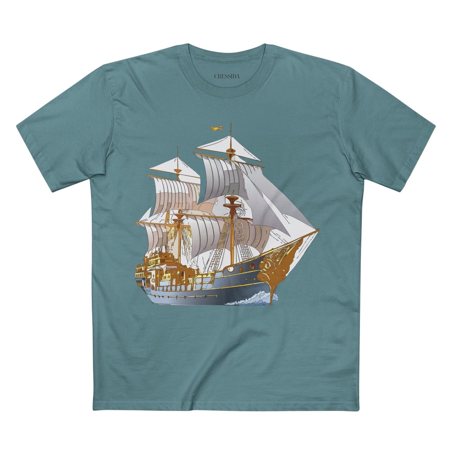 Ship Graphic Unisex 100 Cotton T-Shirt with Gold Frigate Art Design 13
