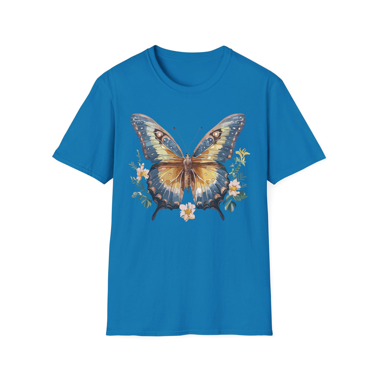 Golden Blue Butterfly T-Shirt | Botanical Accent Graphic Tee Unisex 100 Cotton Gildan T-Shirt