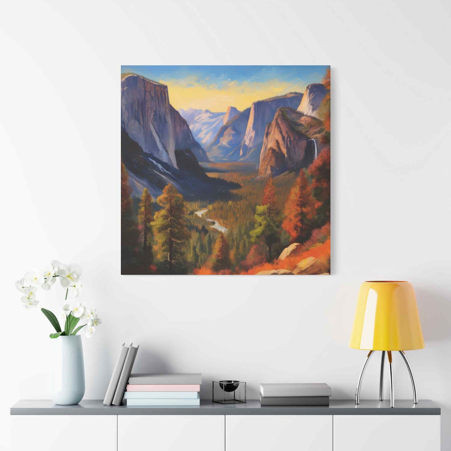 Yosemite Valley Print Canvas, Oil Paint Print 20x20, 24x24, 30x30, 32x32, 36x36 Art Design Print Pine-Wood Inner Frame MC-61