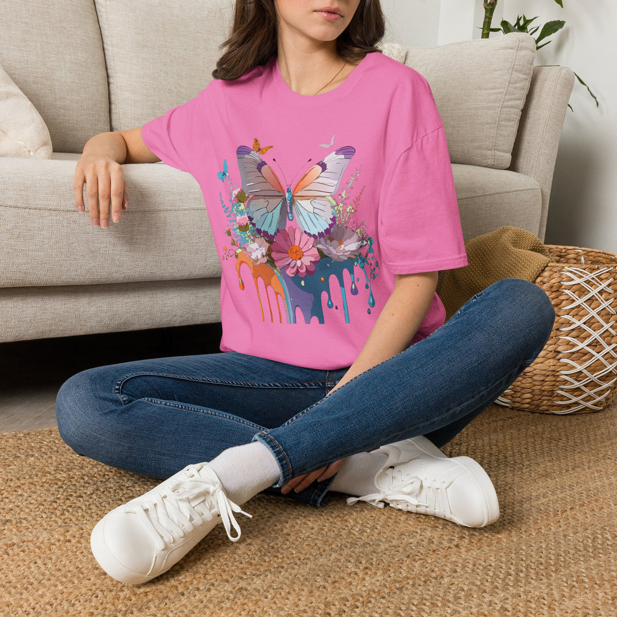 Butterfly Floral T-Shirt — Colorful Drip Art Garden Graphic Design Unisex 100 Cotton Gildan T-Shirt
