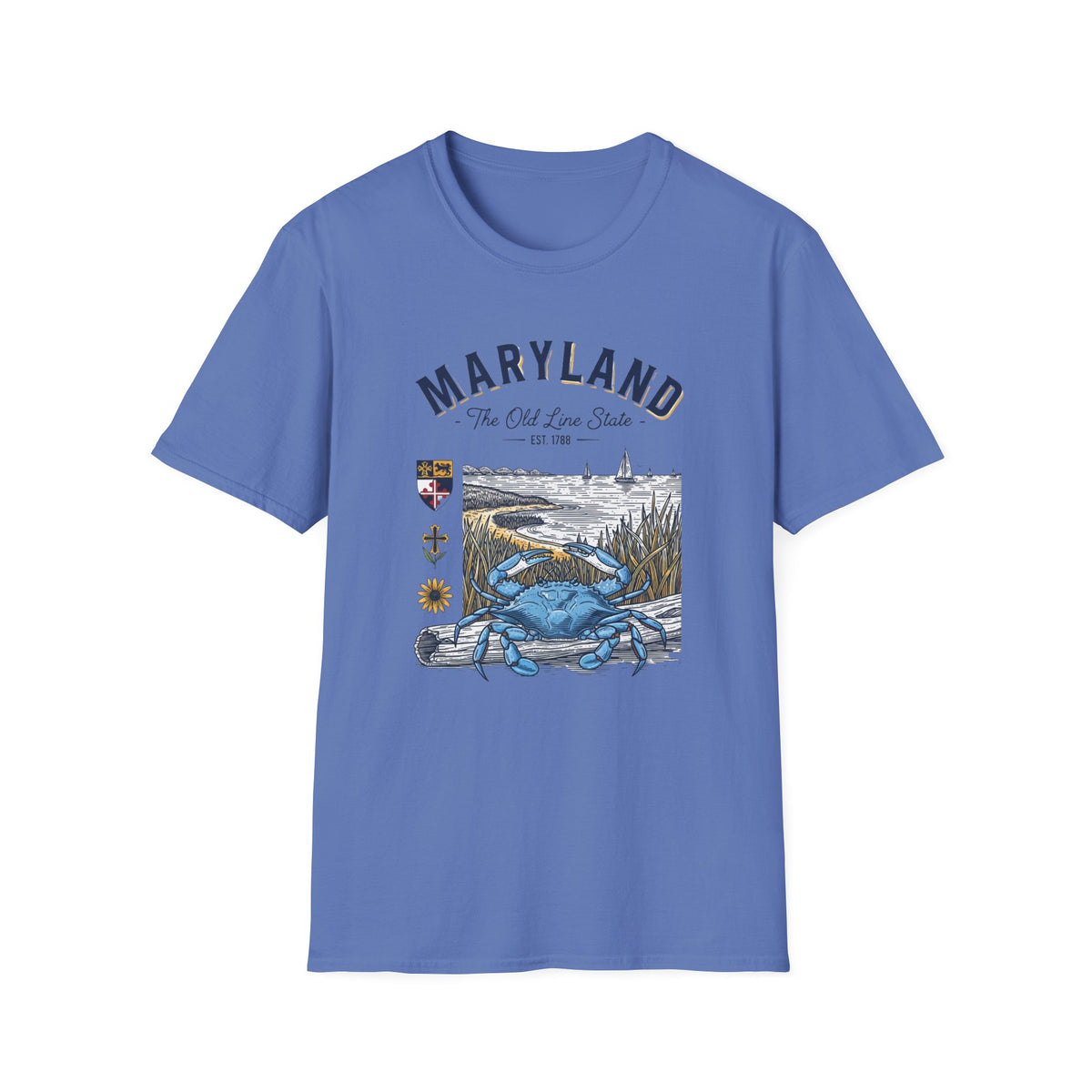 Maryland Blue Crab Scenic T-Shirt — The Old Line State Coastal Design Travel Tourist Graphic Design Unisex 100 Cotton Gildan T-Shirt