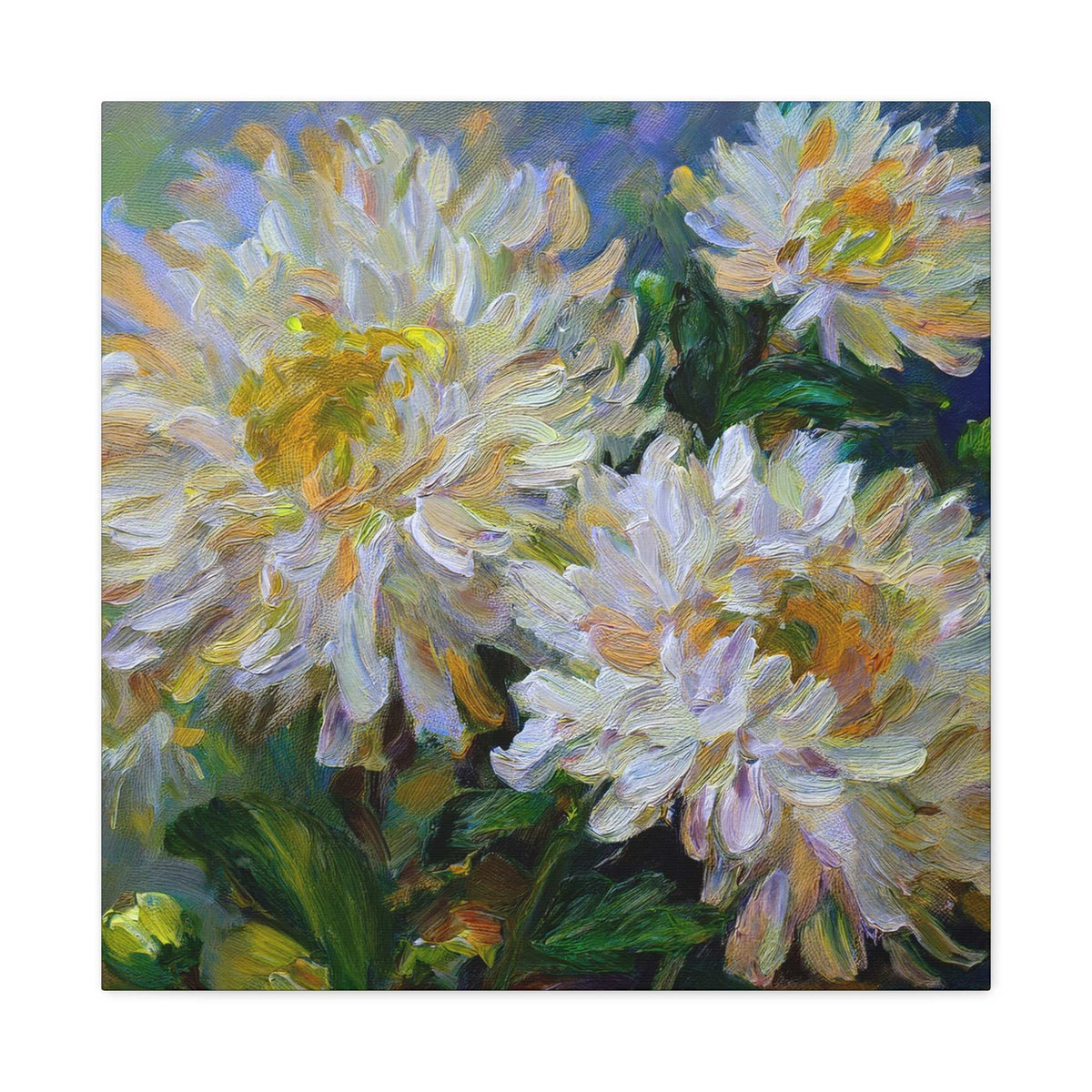 Chrysanthemums Print Canvas, Floral Oil Paint Print 20x20, 24x24, 30x30, 32x32, 36x36 Art Design Pine-Wood Inner Frame MC-160