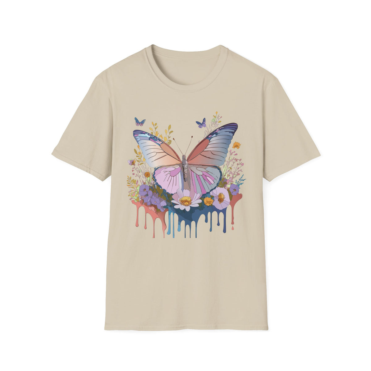 Butterfly Floral T-Shirt — Pastel Watercolor Wings with Drip Art Graphic Tee Unisex 100 Cotton Gildan T-Shirt