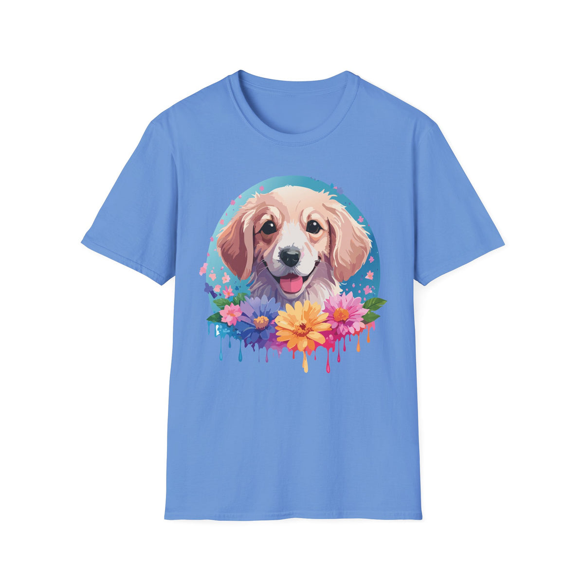 Happy Golden Retriever Portrait T-Shirt | Colorful Floral Dog Illustration