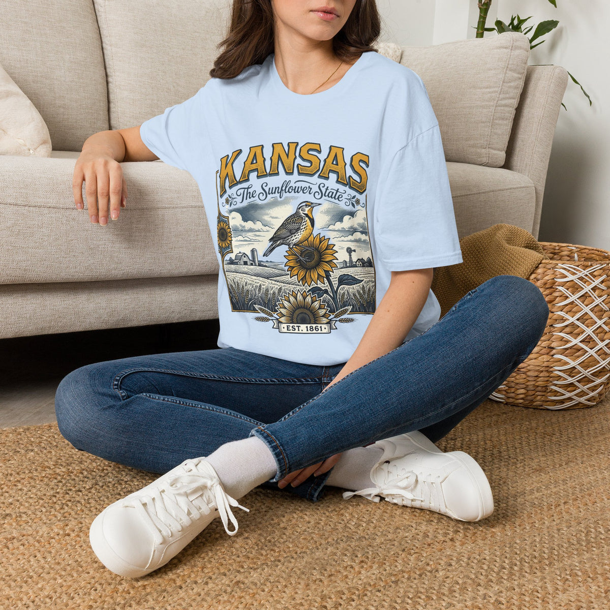 Kansas The Sunflower State T-Shirt | Vintage Meadow Bird Sunflower Design