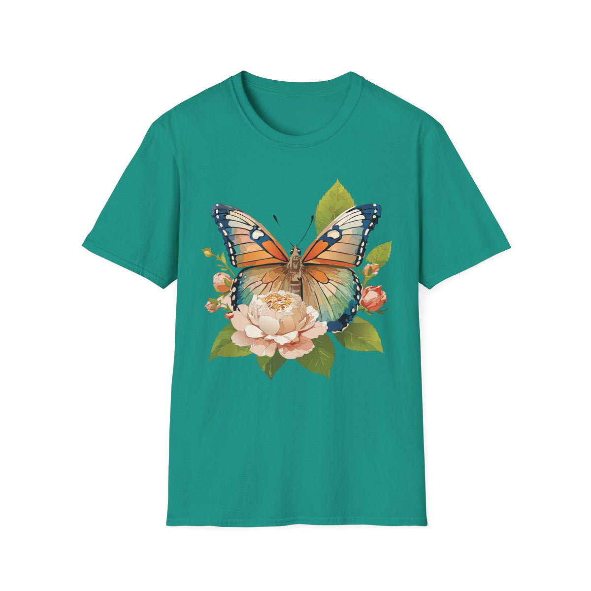 Butterfly Floral T-Shirt — Watercolor Monarch & Roses Graphic Tee Unisex 100 Cotton Gildan T-Shirt