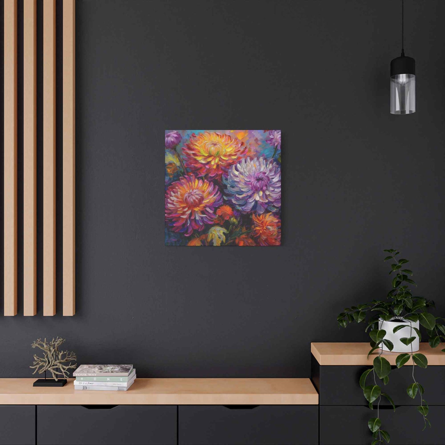 Chrysanthemums Print Canvas, Floral Oil Paint Print 20x20, 24x24, 30x30, 32x32, 36x36 Art Design Pine-Wood Inner Frame MC-158